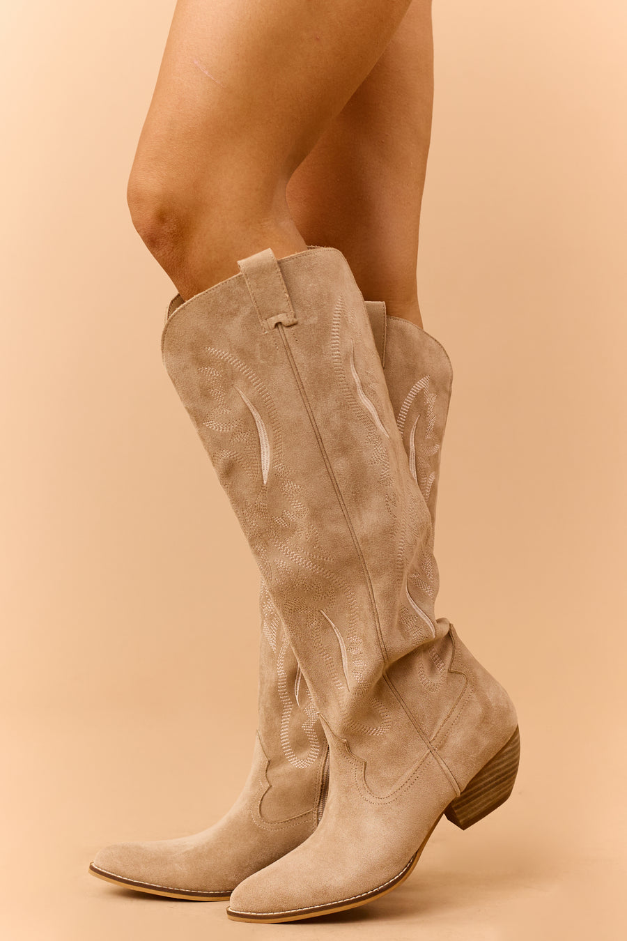 Beige Faux Suede Embroidered Tall Cowgirl Boots