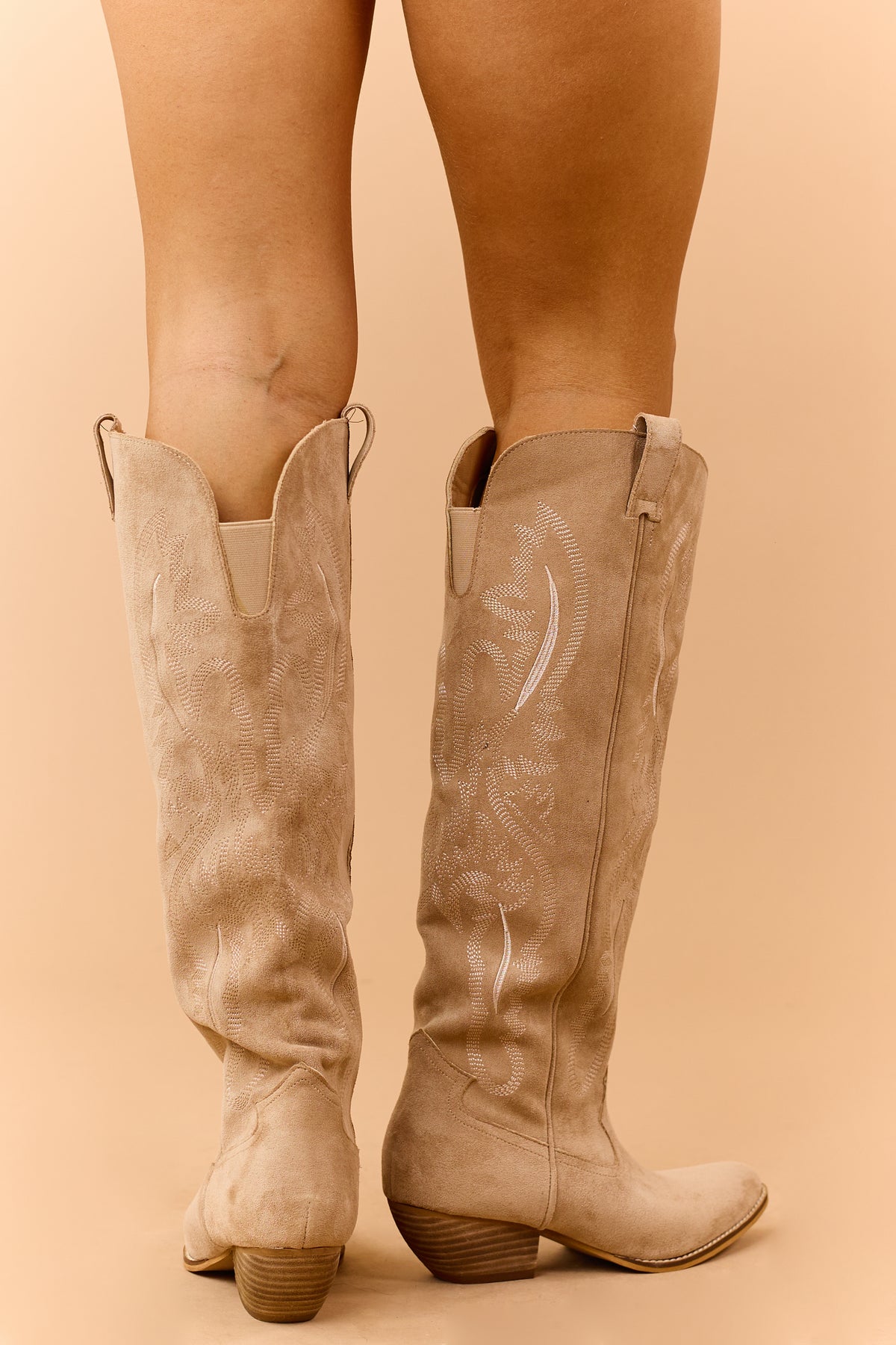 Beige Faux Suede Embroidered Tall Cowgirl Boots