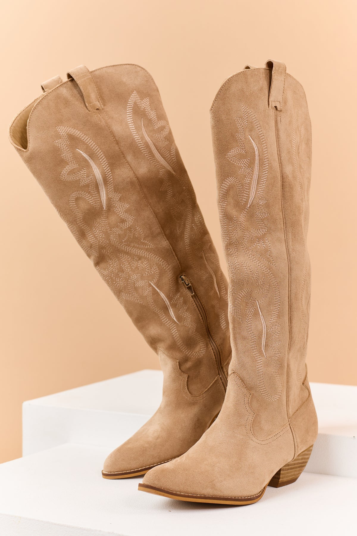 Beige Faux Suede Embroidered Tall Cowgirl Boots