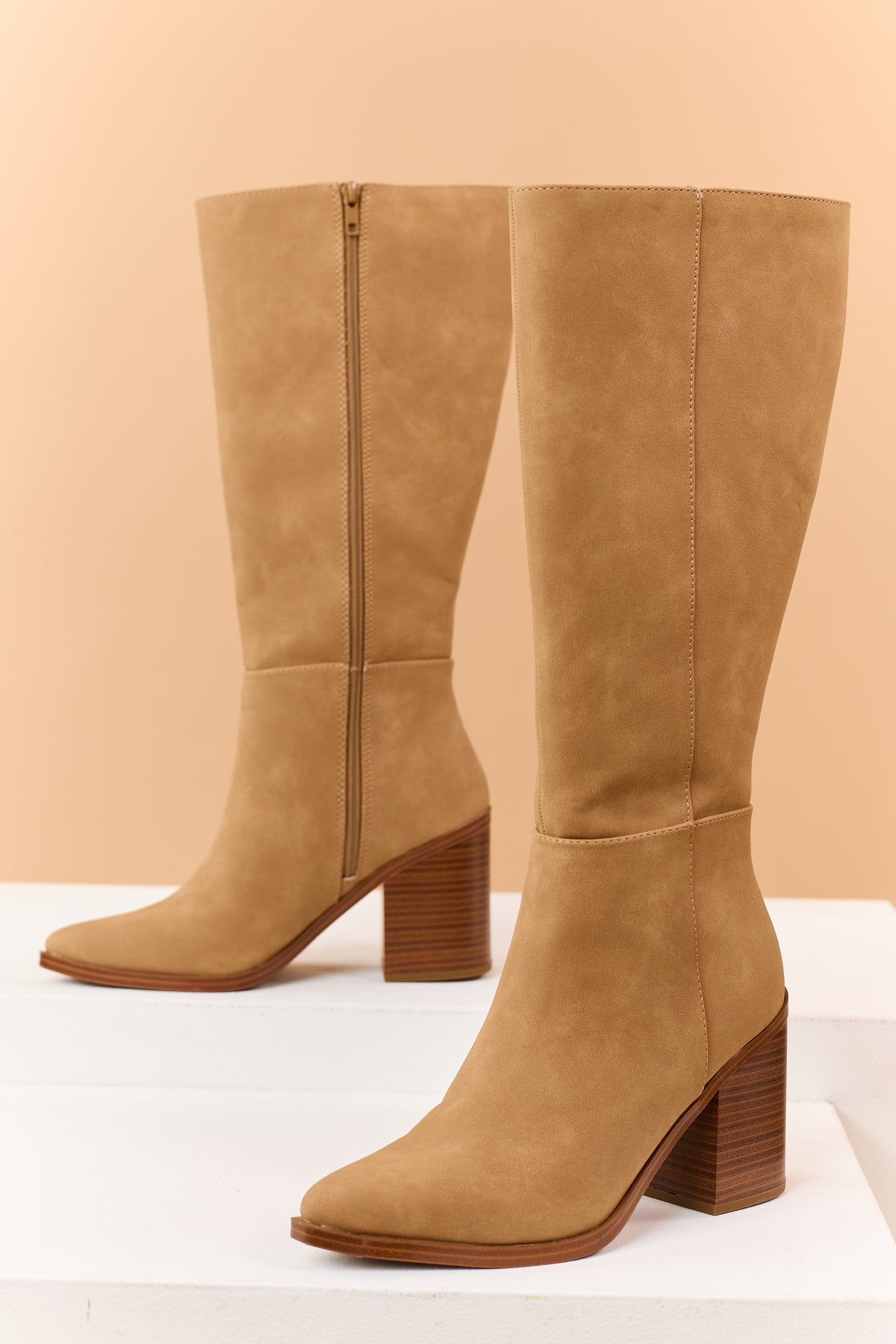 Beige Faux Suede Pointed Toe Tall Boots