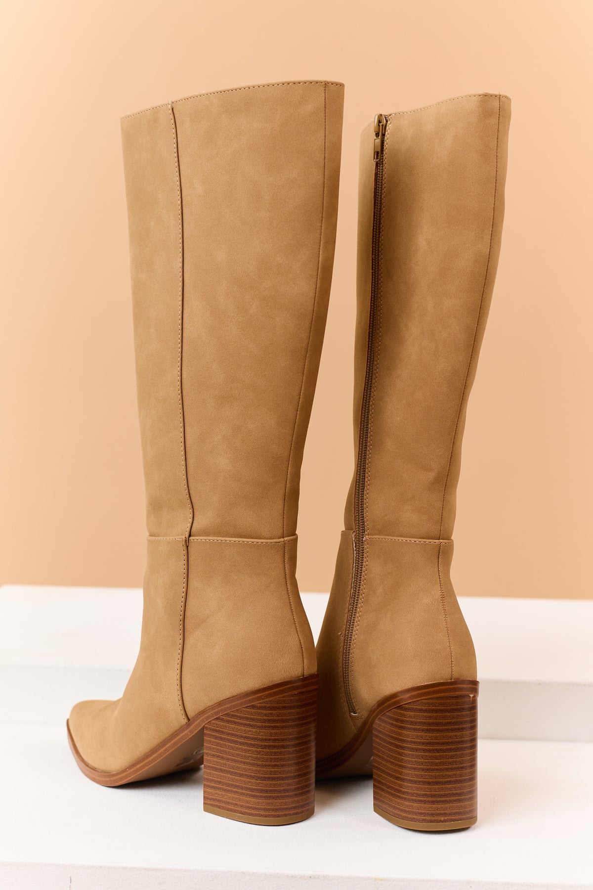 Beige Faux Suede Pointed Toe Tall Boots