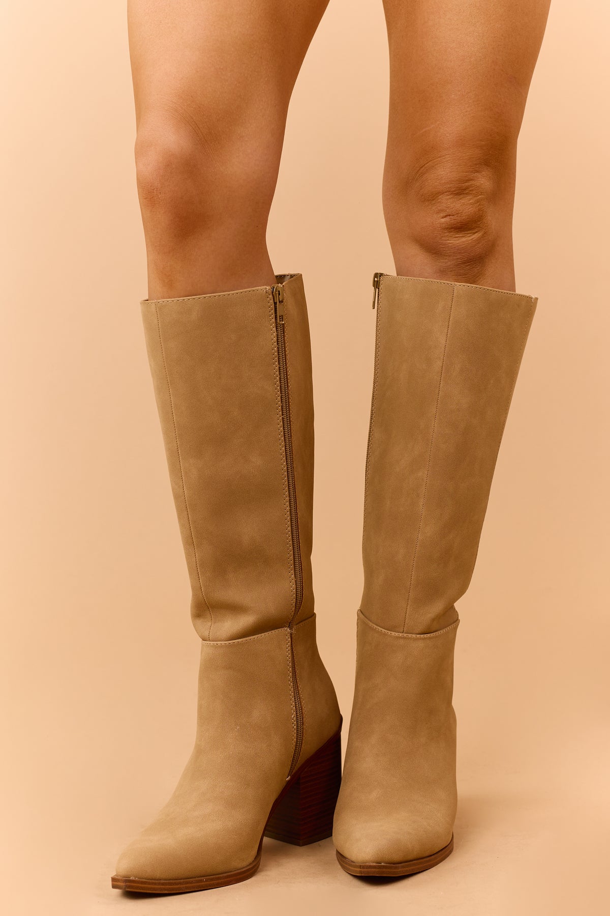 Beige Faux Suede Pointed Toe Tall Boots