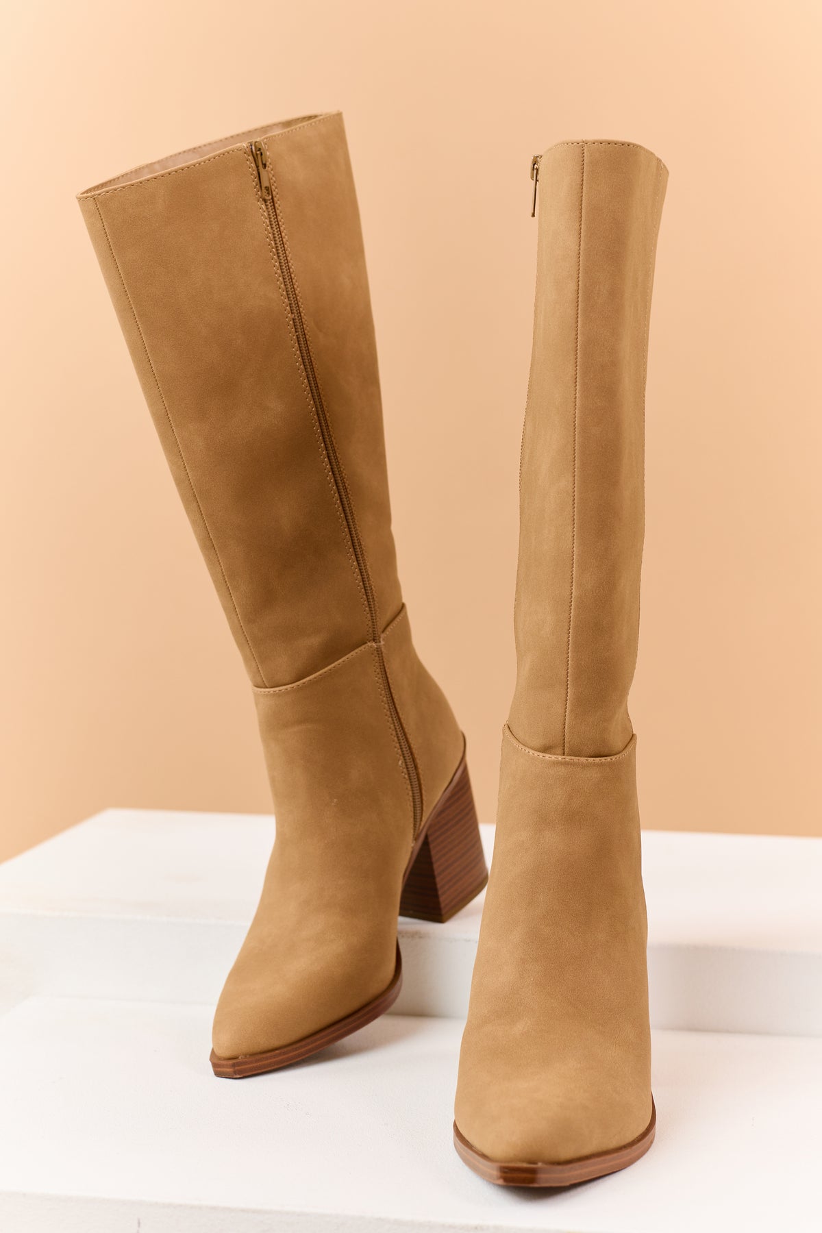 Beige Faux Suede Pointed Toe Tall Boots