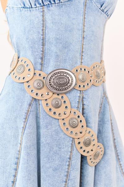 Beige Large Ornate Oval Disc Faux Leather Belt