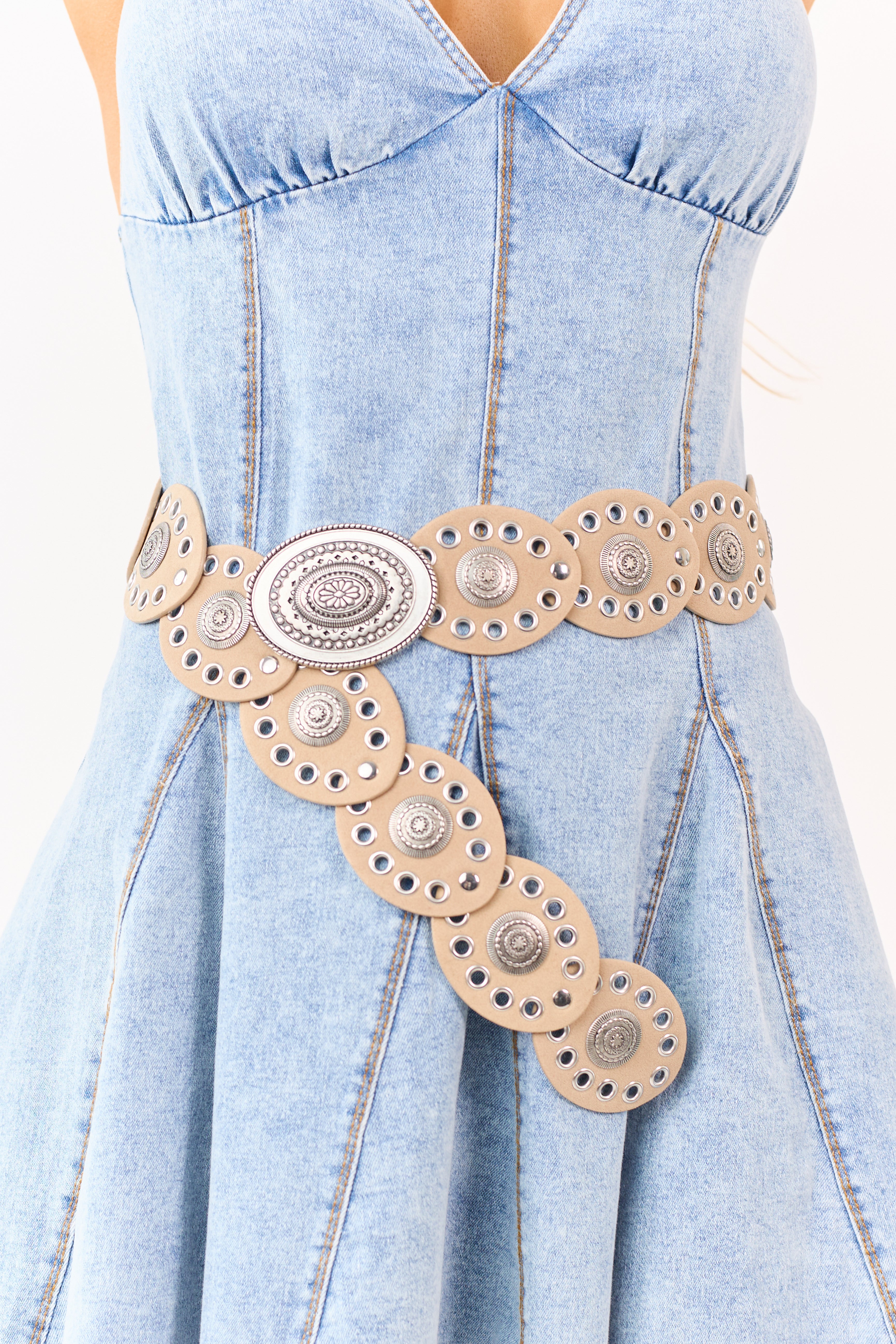 Beige Large Ornate Oval Disc Faux Leather Belt