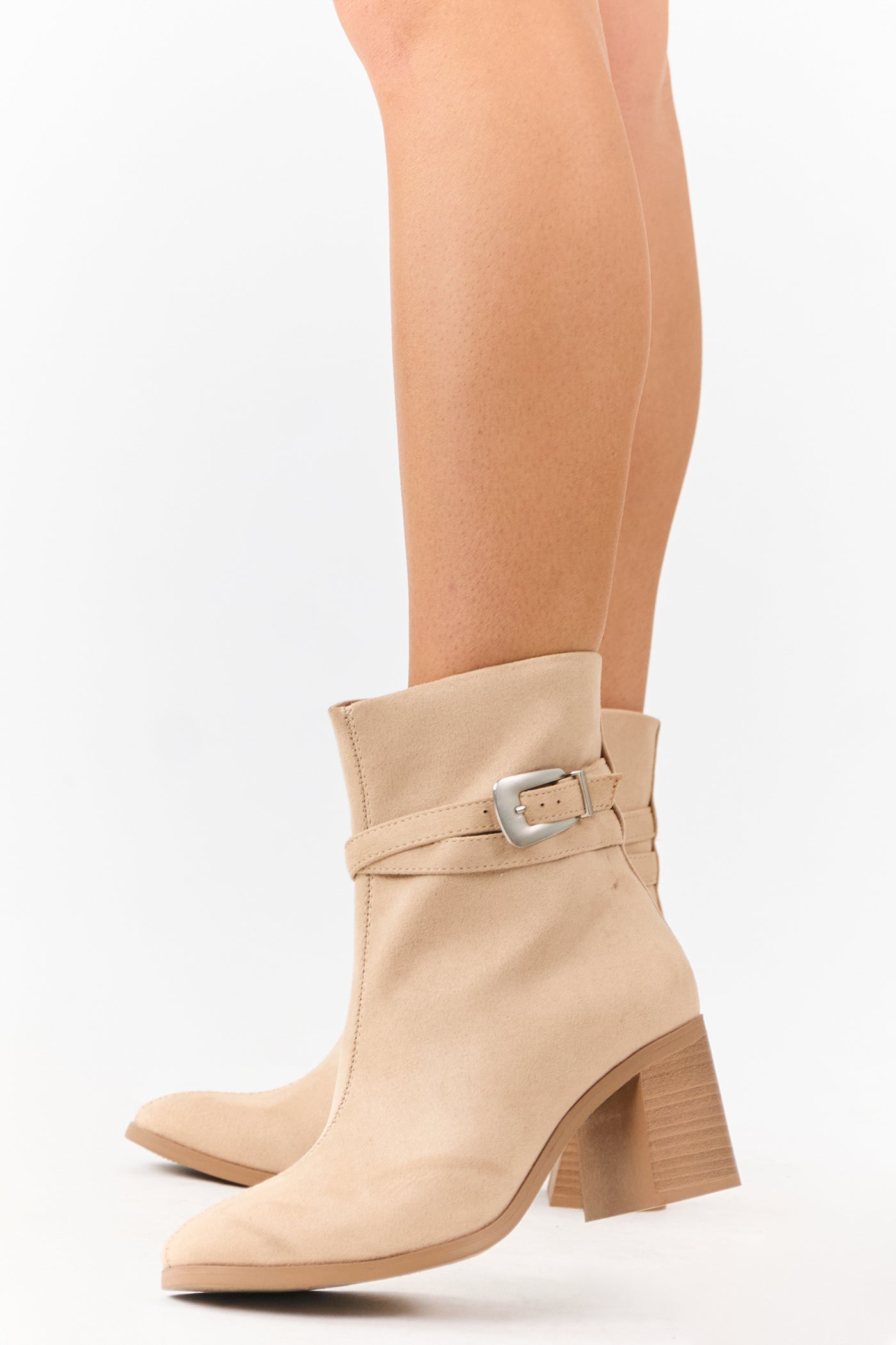 Beige Microsuede Block Heel Buckle Booties