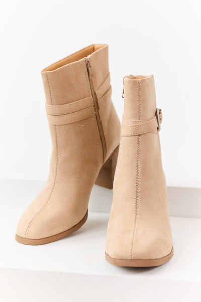Beige Microsuede Block Heel Buckle Booties
