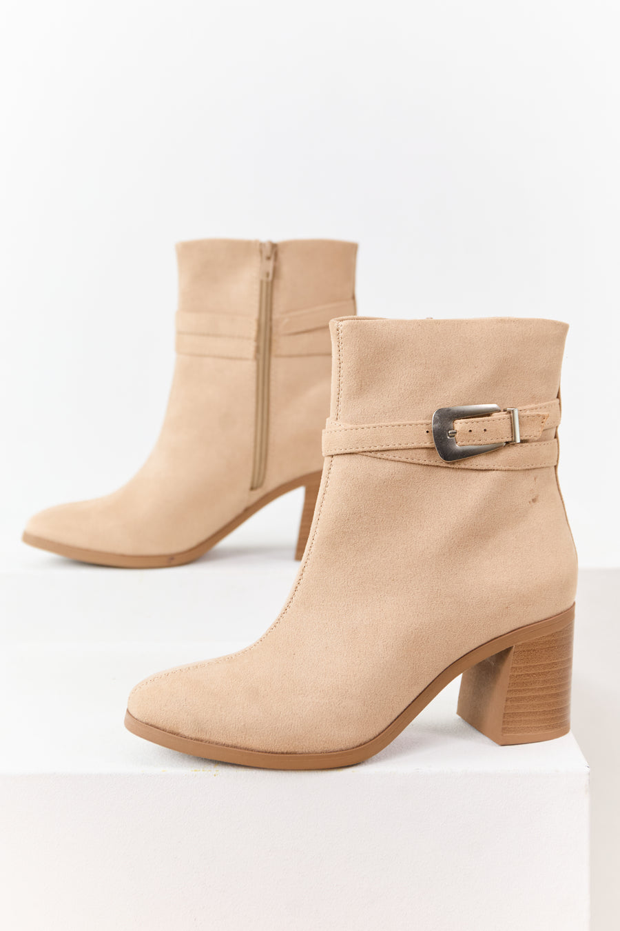 Beige Microsuede Block Heel Buckle Booties