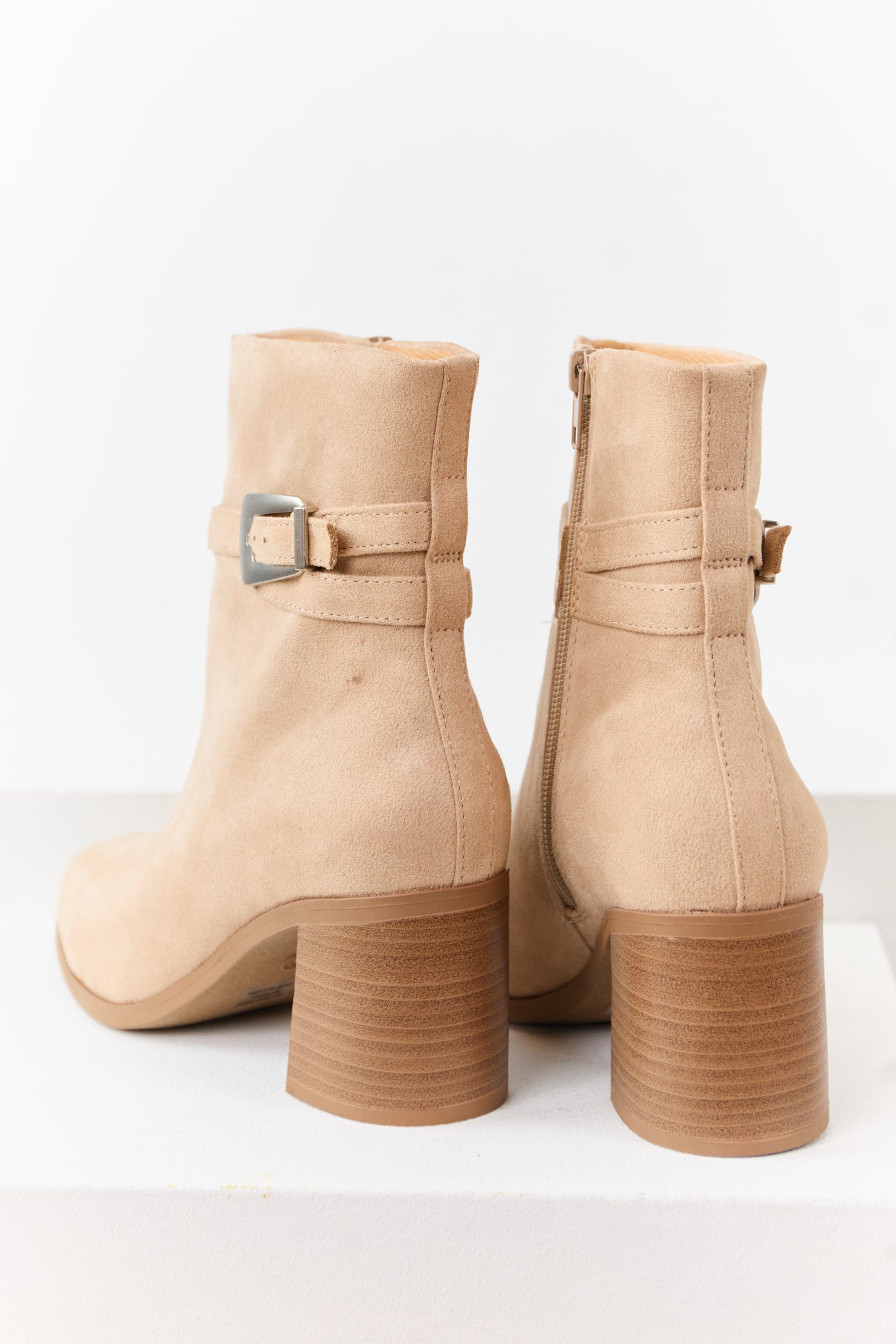 Beige Microsuede Block Heel Buckle Booties