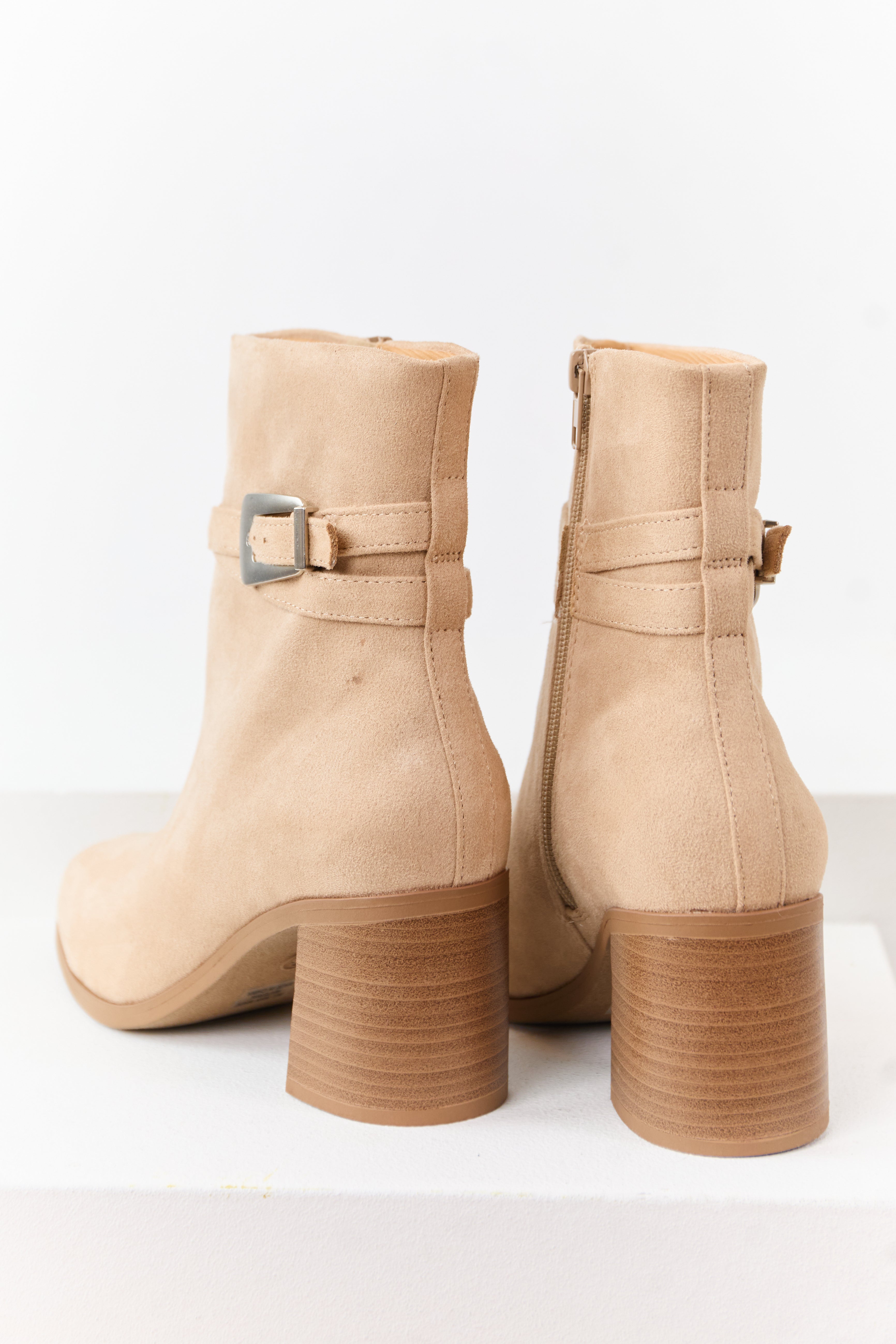 Beige Microsuede Block Heel Buckle Booties