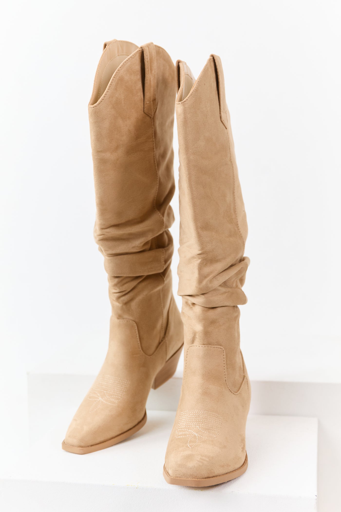 Beige Microsuede Western Style Slouch Tall Boots