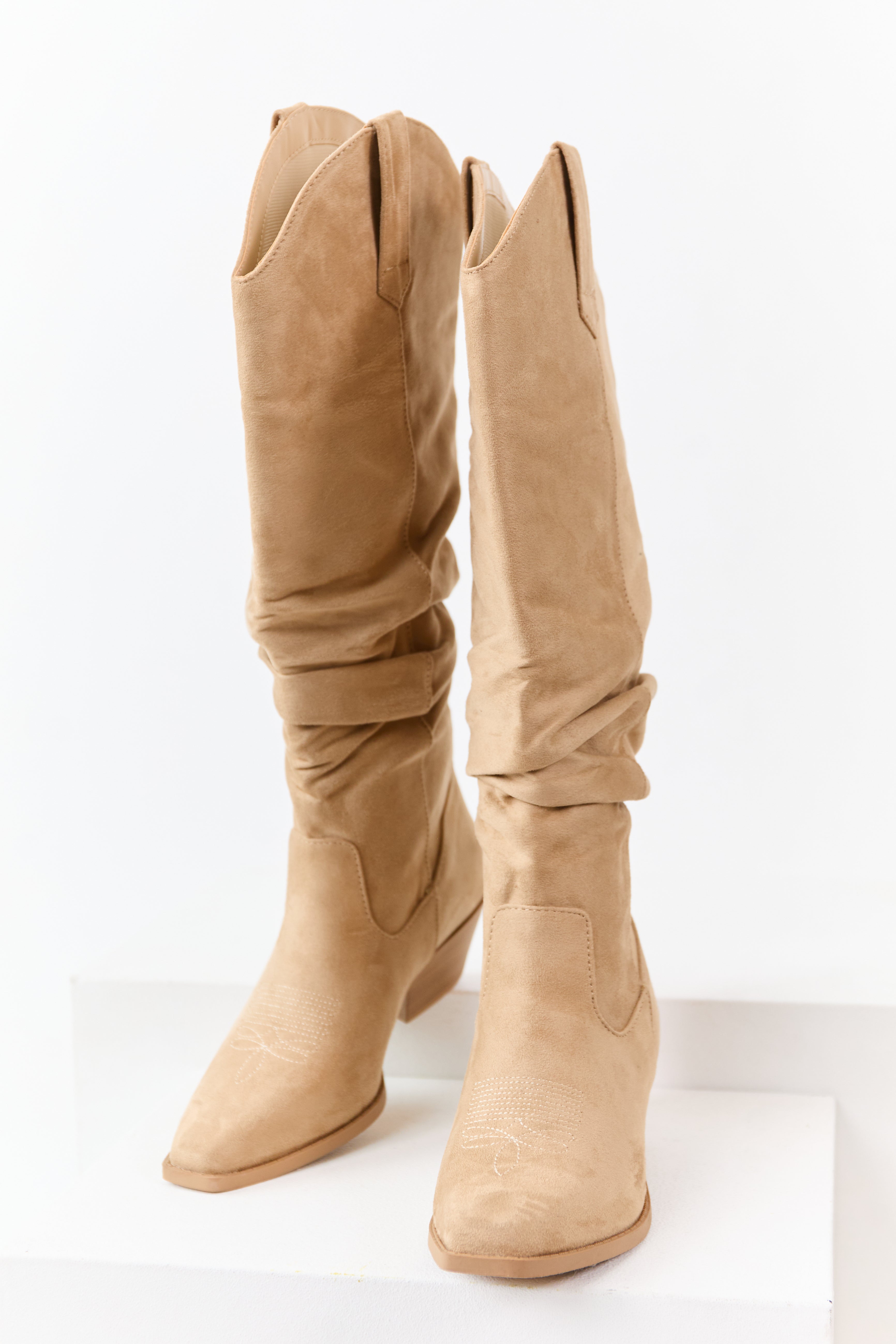 Beige Microsuede Western Style Slouch Tall Boots
