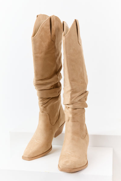 Beige Microsuede Western Style Slouch Tall Boots