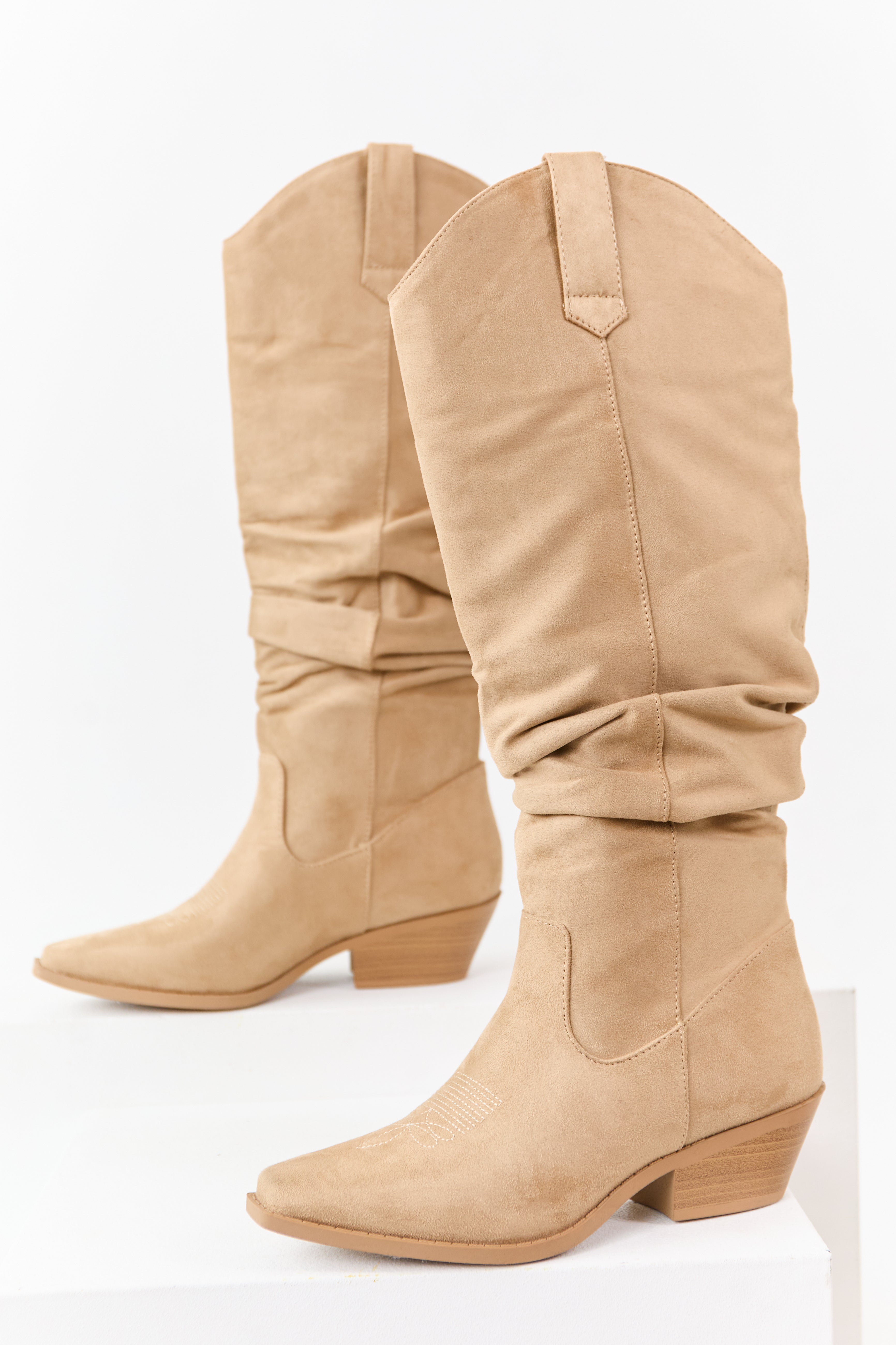 Beige Microsuede Western Style Slouch Tall Boots | Lime Lush Boutique