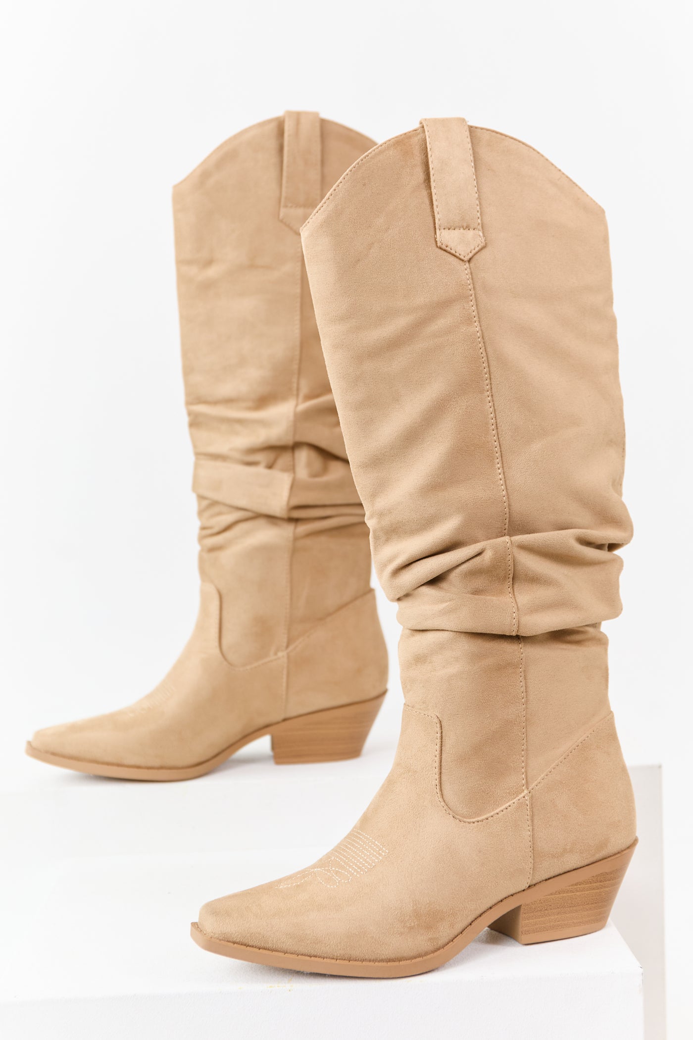 Beige Microsuede Western Style Slouch Tall Boots