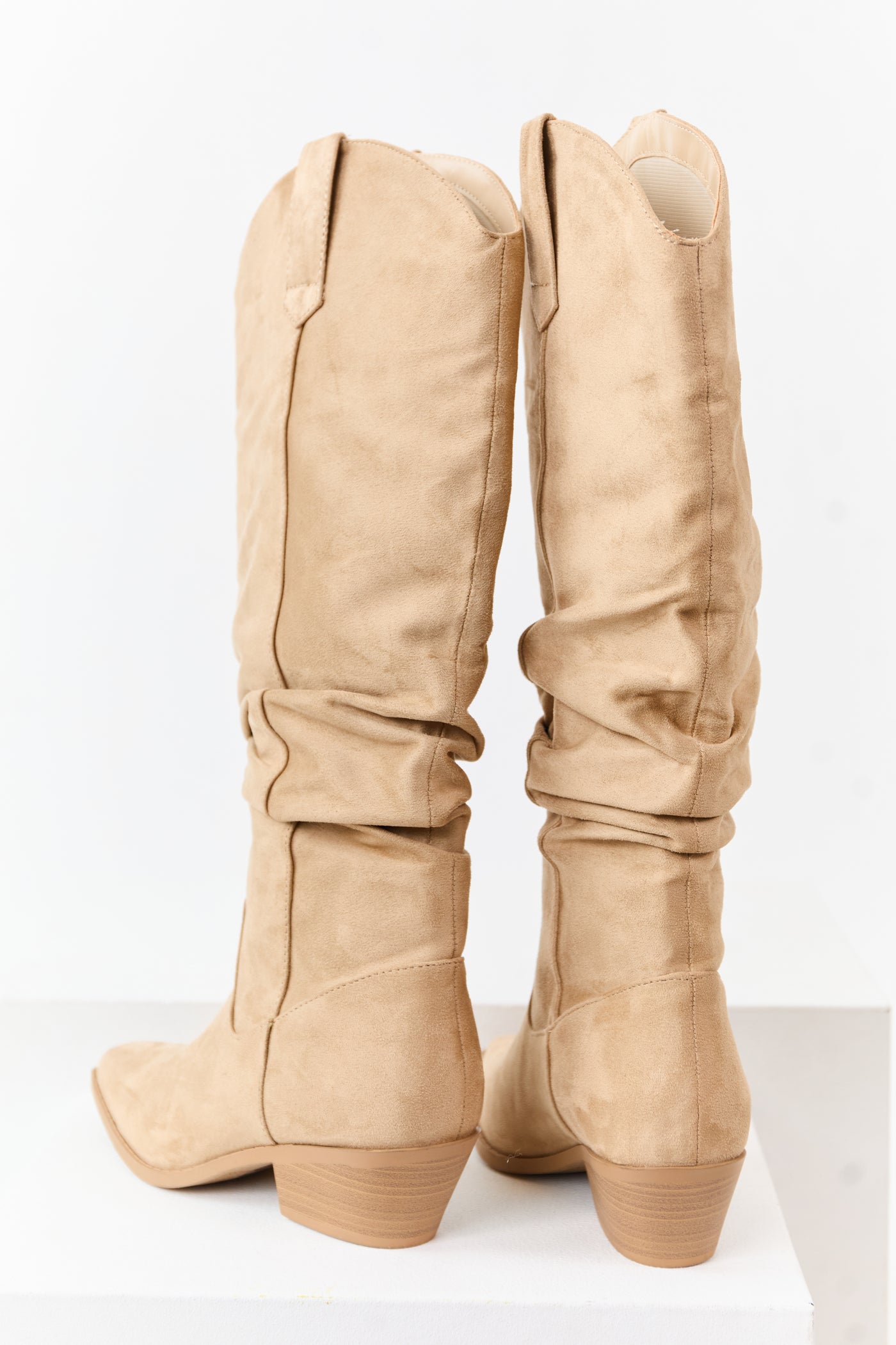 Beige Microsuede Western Style Slouch Tall Boots