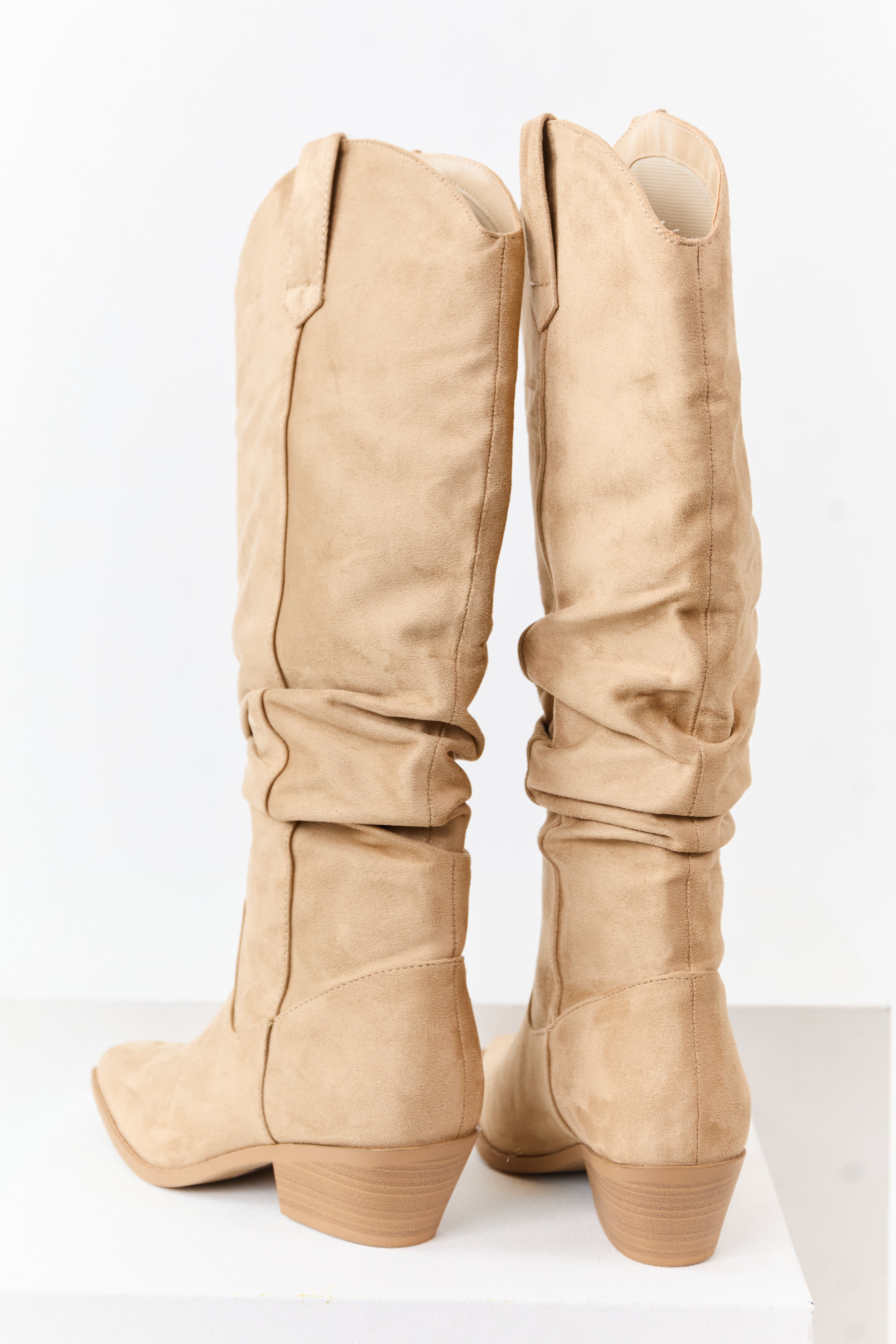 Beige Microsuede Western Style Slouch Tall Boots