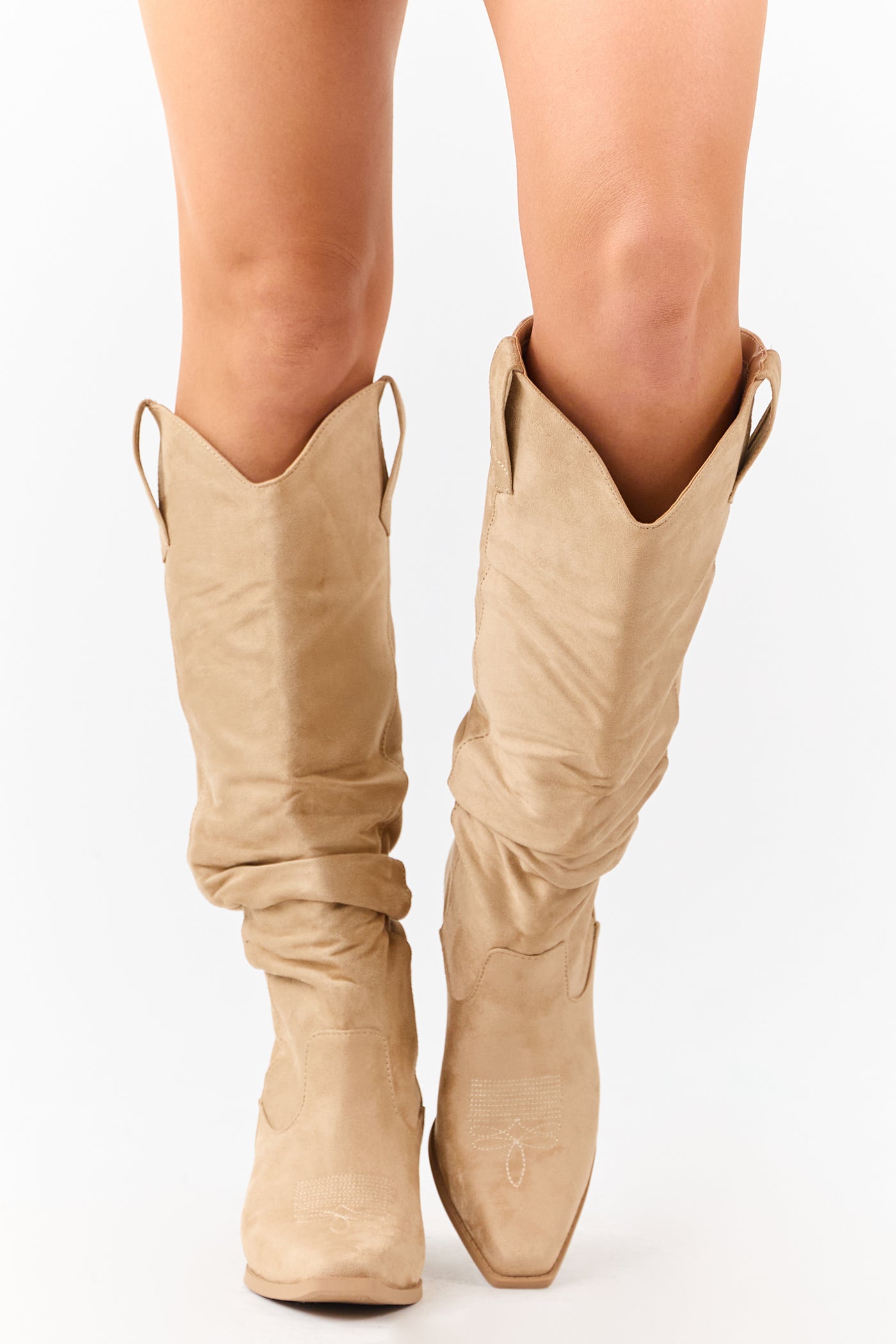 Beige Microsuede Western Style Slouch Tall Boots