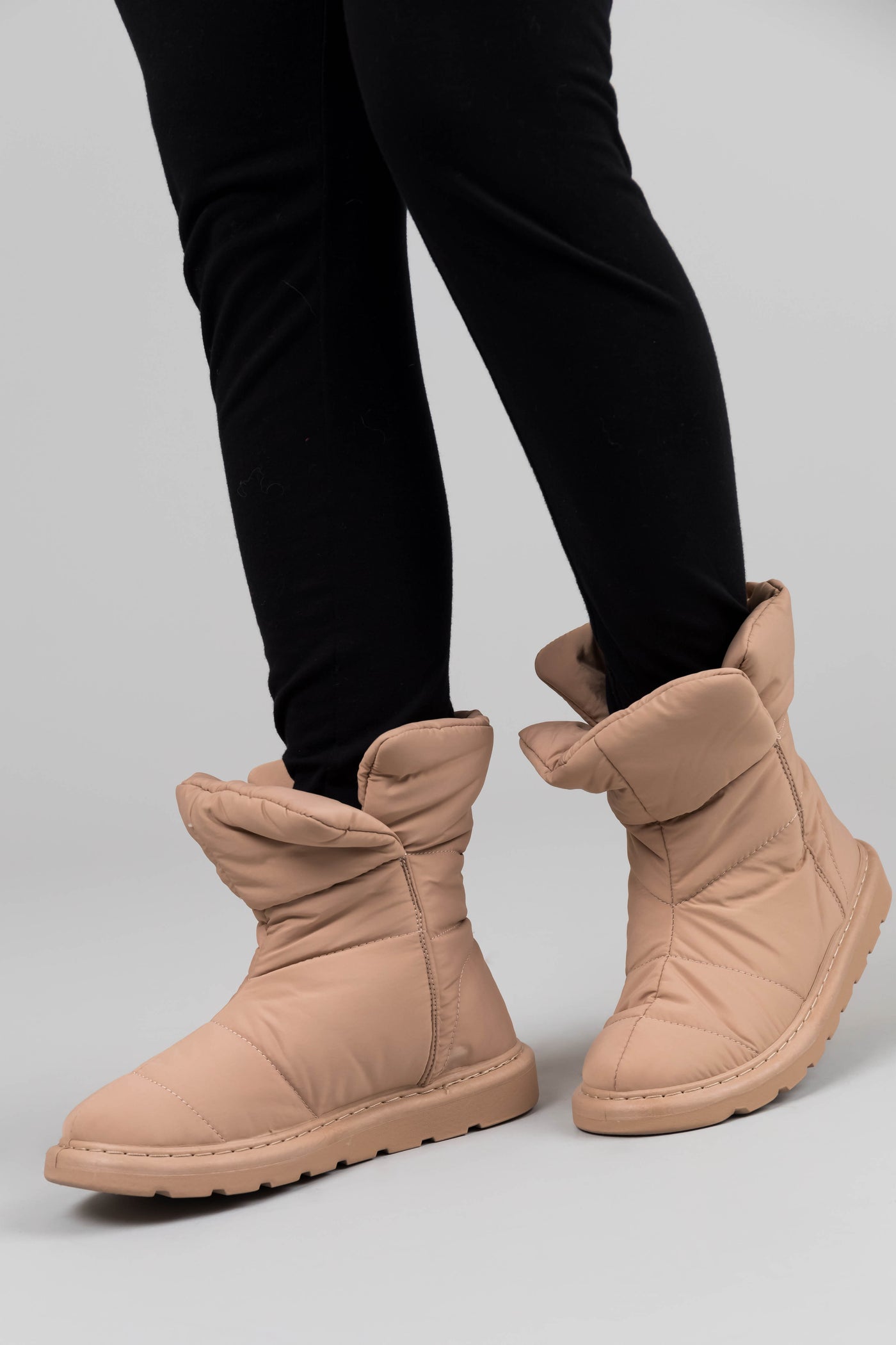 Beige Nylon Quilted Treaded Sole Boots