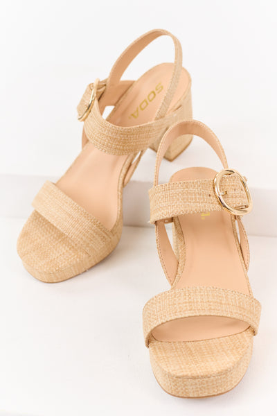 Beige Open Toed Raffia Platform Heels