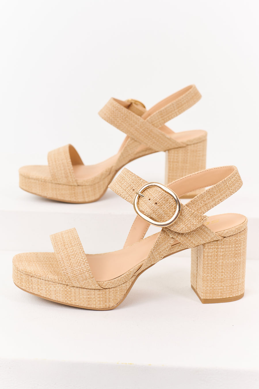 Beige Open Toed Raffia Platform Heels