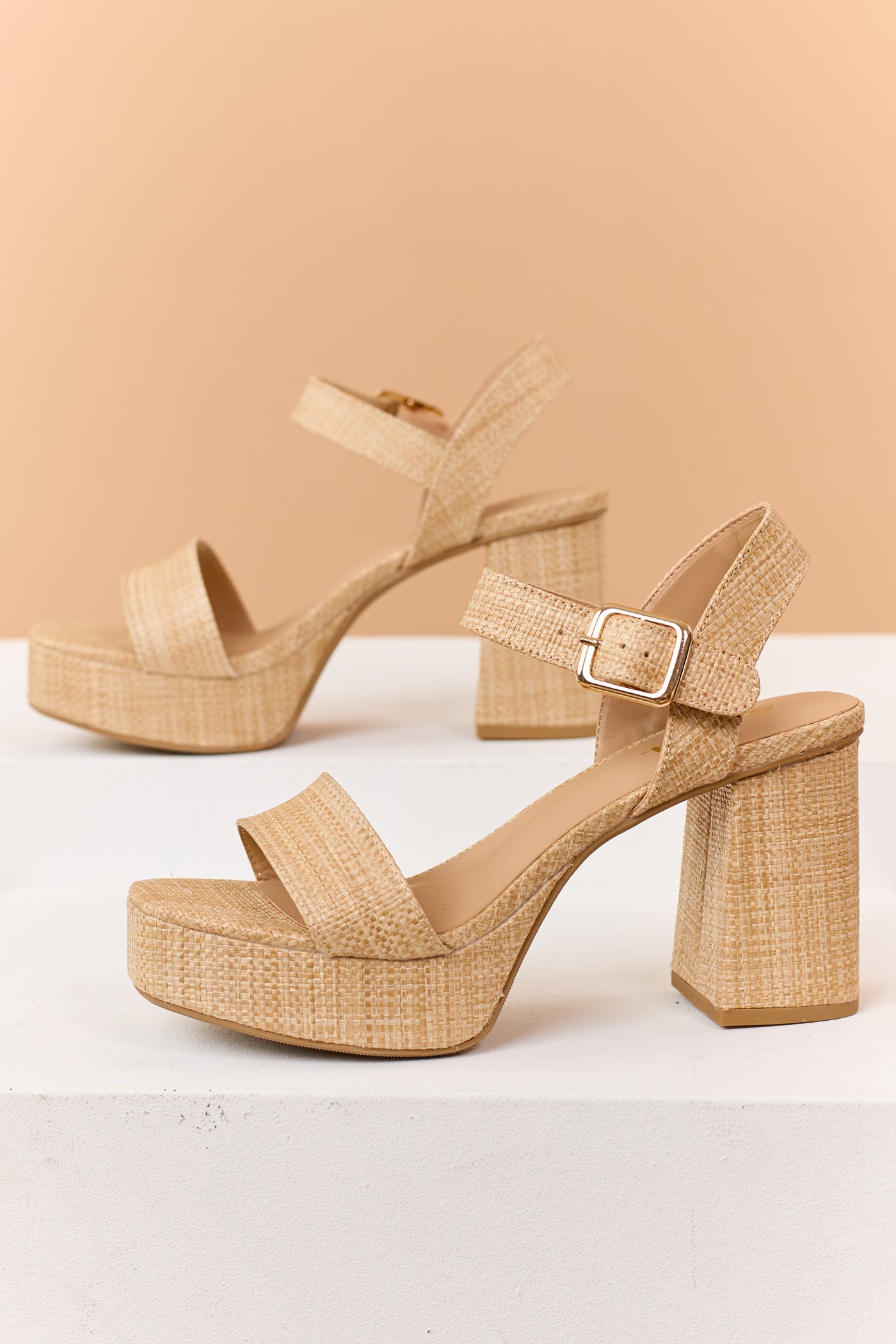 Beige Raffia Ankle Strap Platform Heels