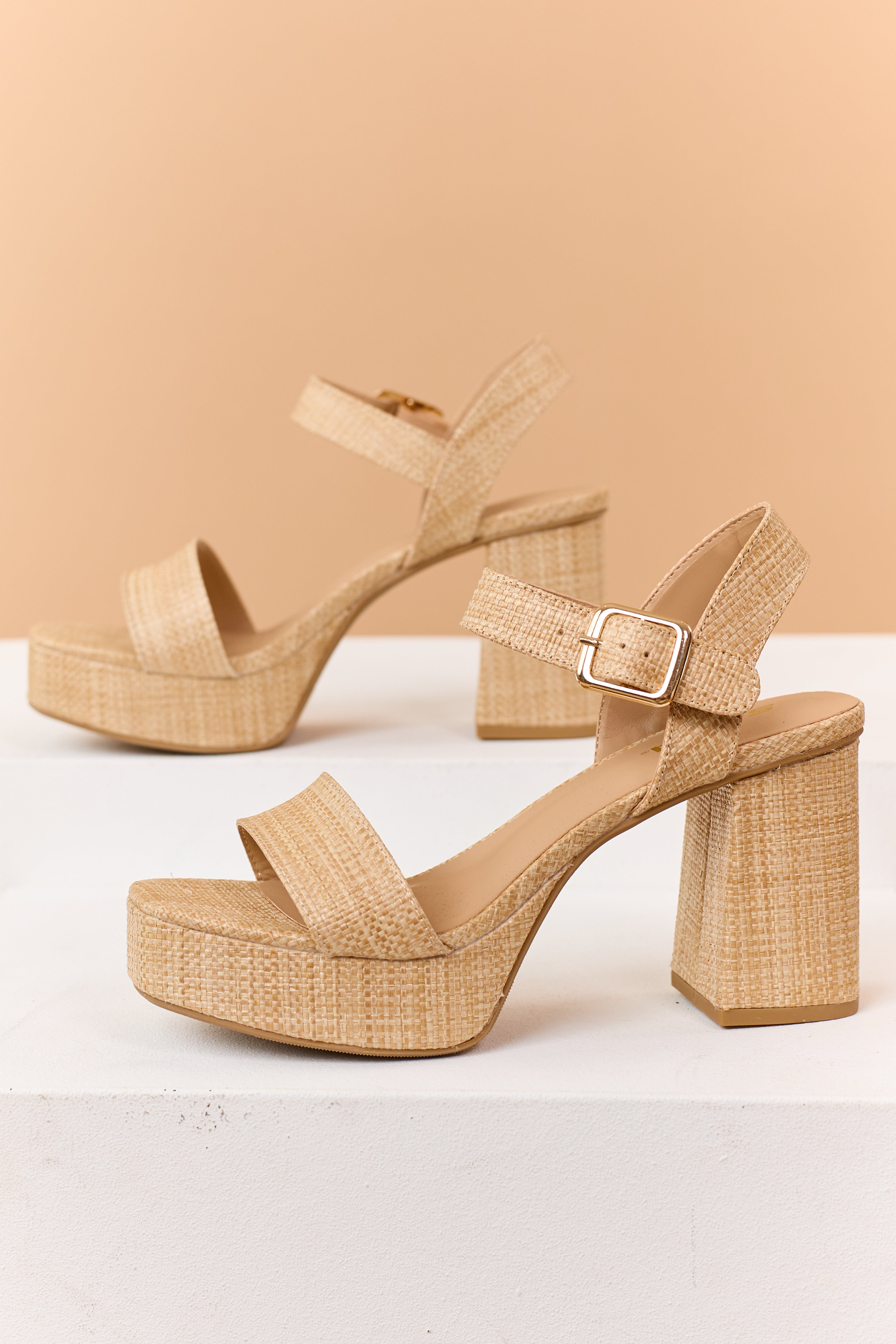 Beige Raffia Ankle Strap Platform Heels