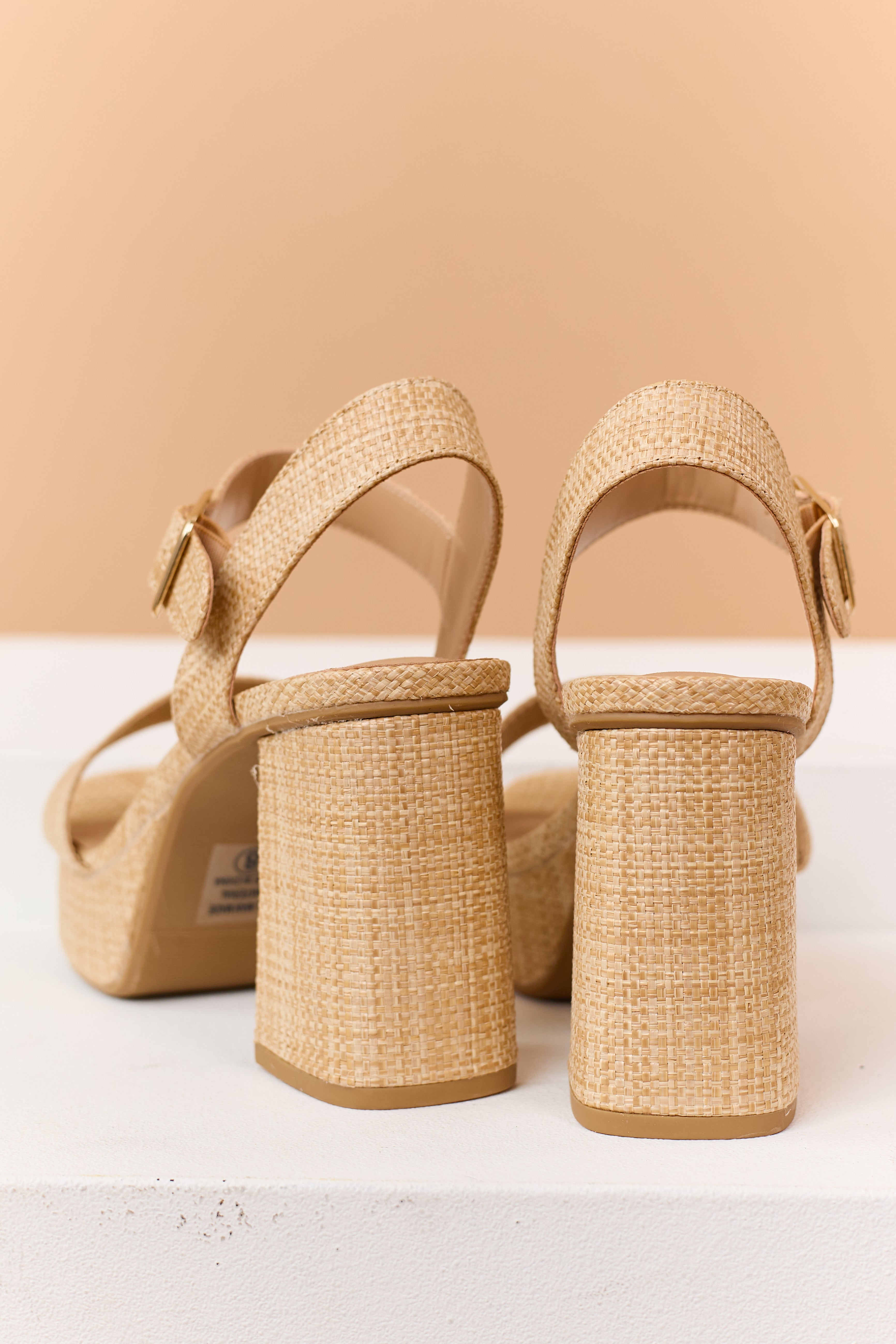 Beige Raffia Ankle Strap Platform Heels