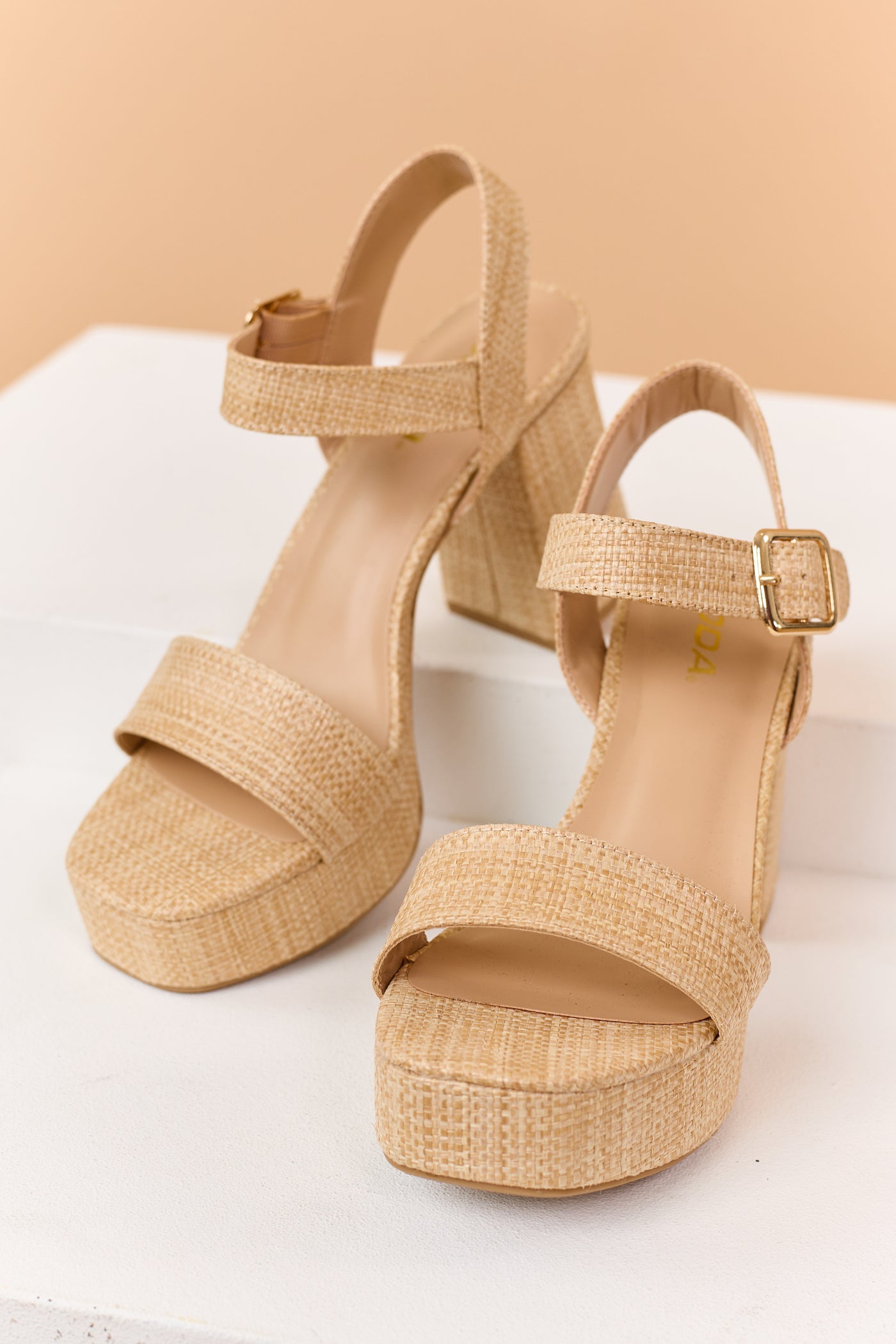 Beige Raffia Ankle Strap Platform Heels