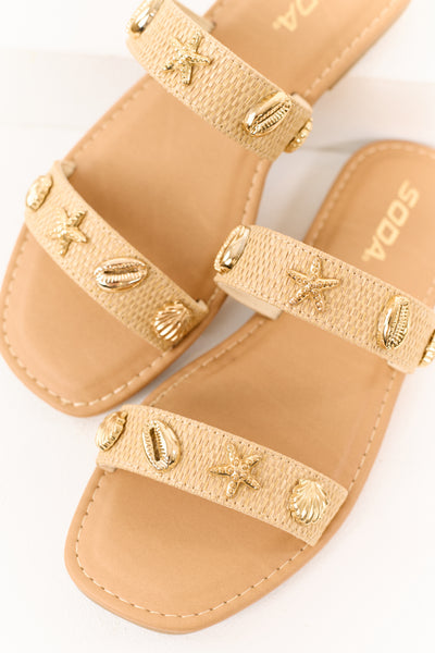 Beige Raffia Beach Charms Slip On Sandals