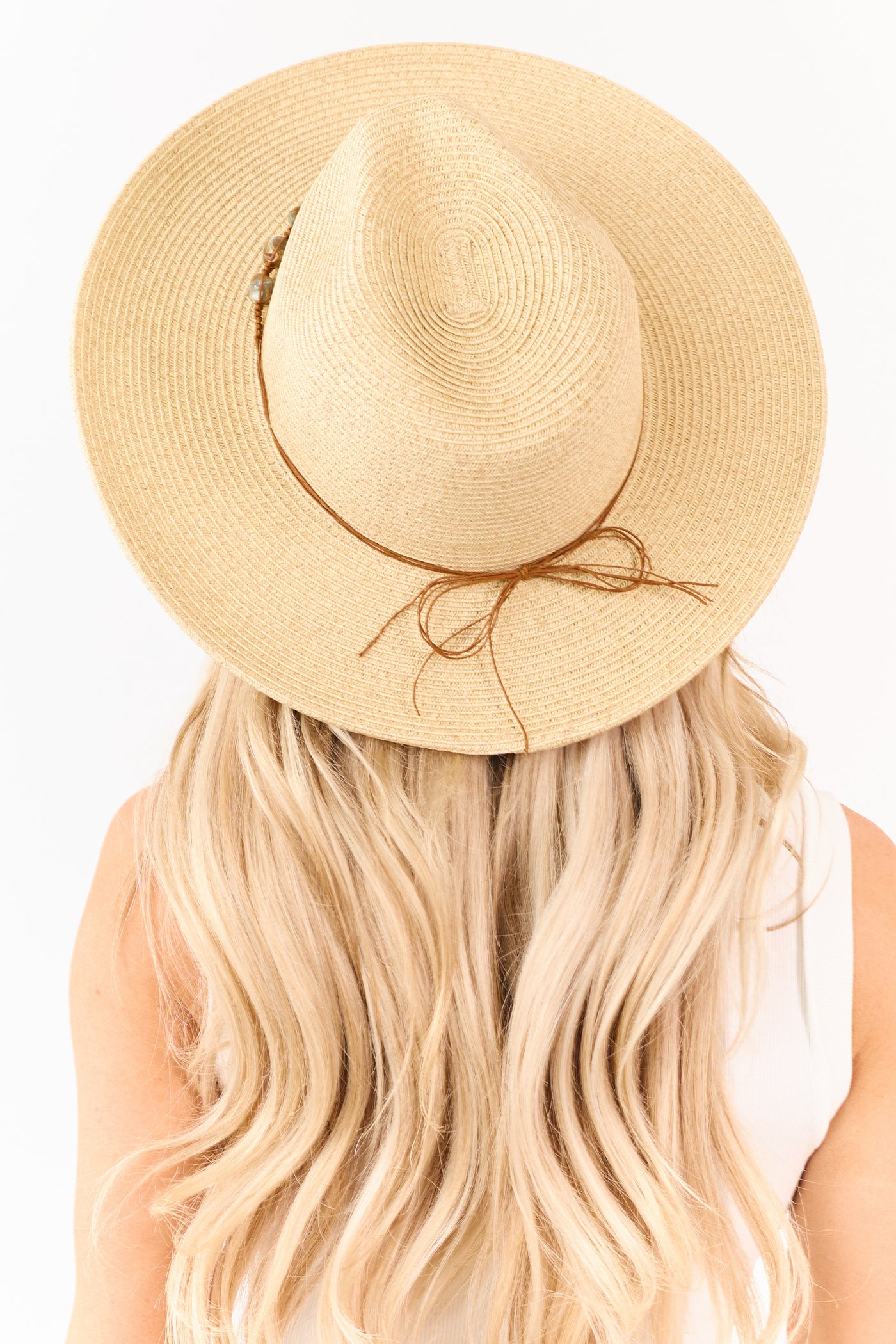 Beige Straw Beaded Twine Band Panama Hat
