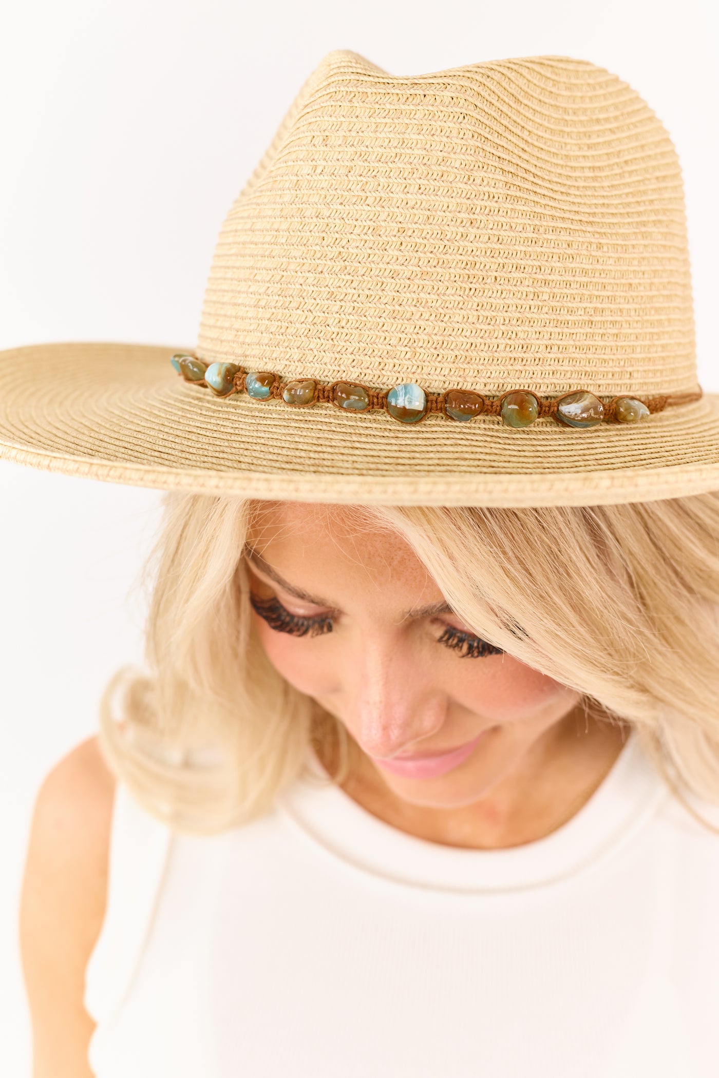 Beige Straw Beaded Twine Band Panama Hat