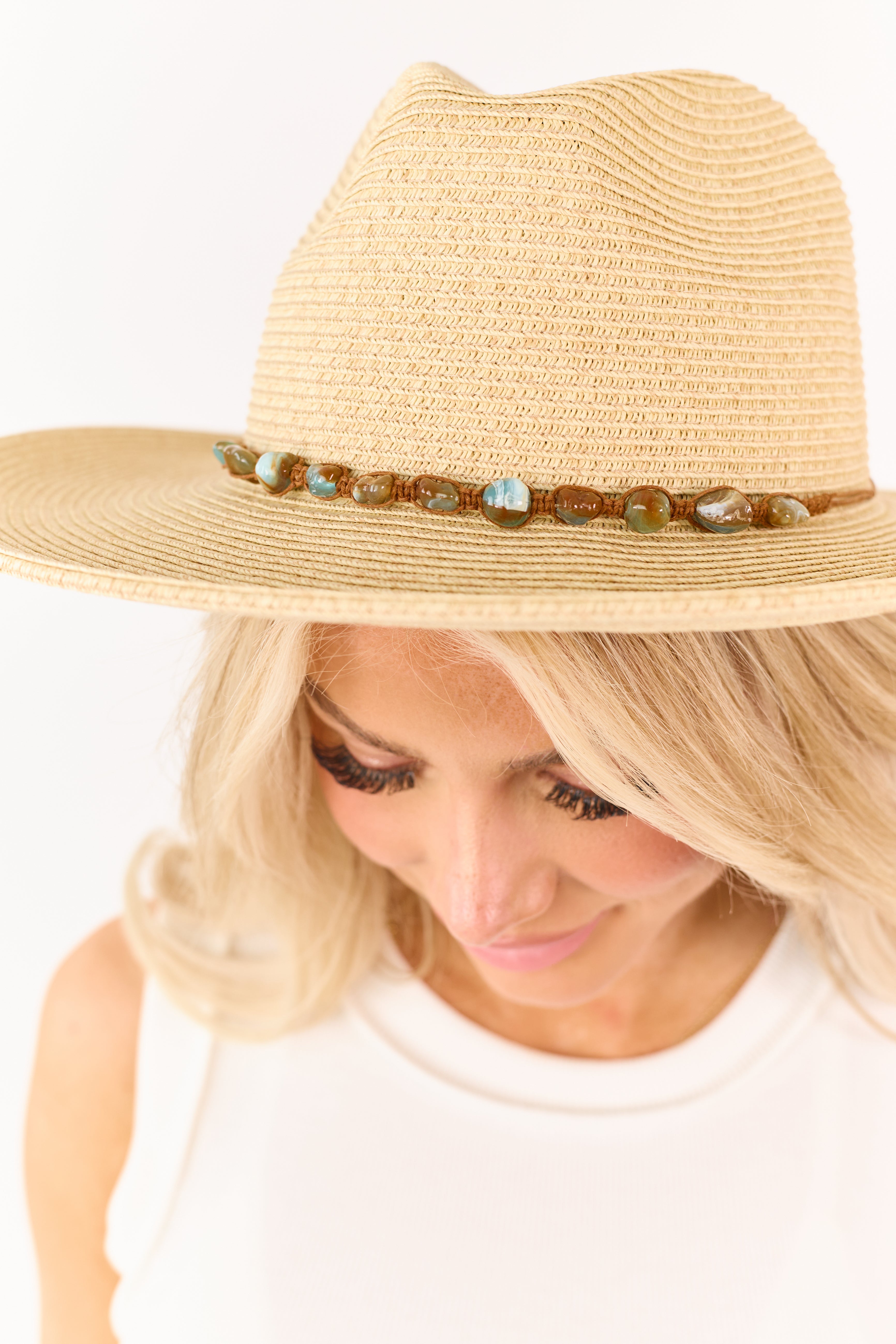 Beige Straw Beaded Twine Band Panama Hat