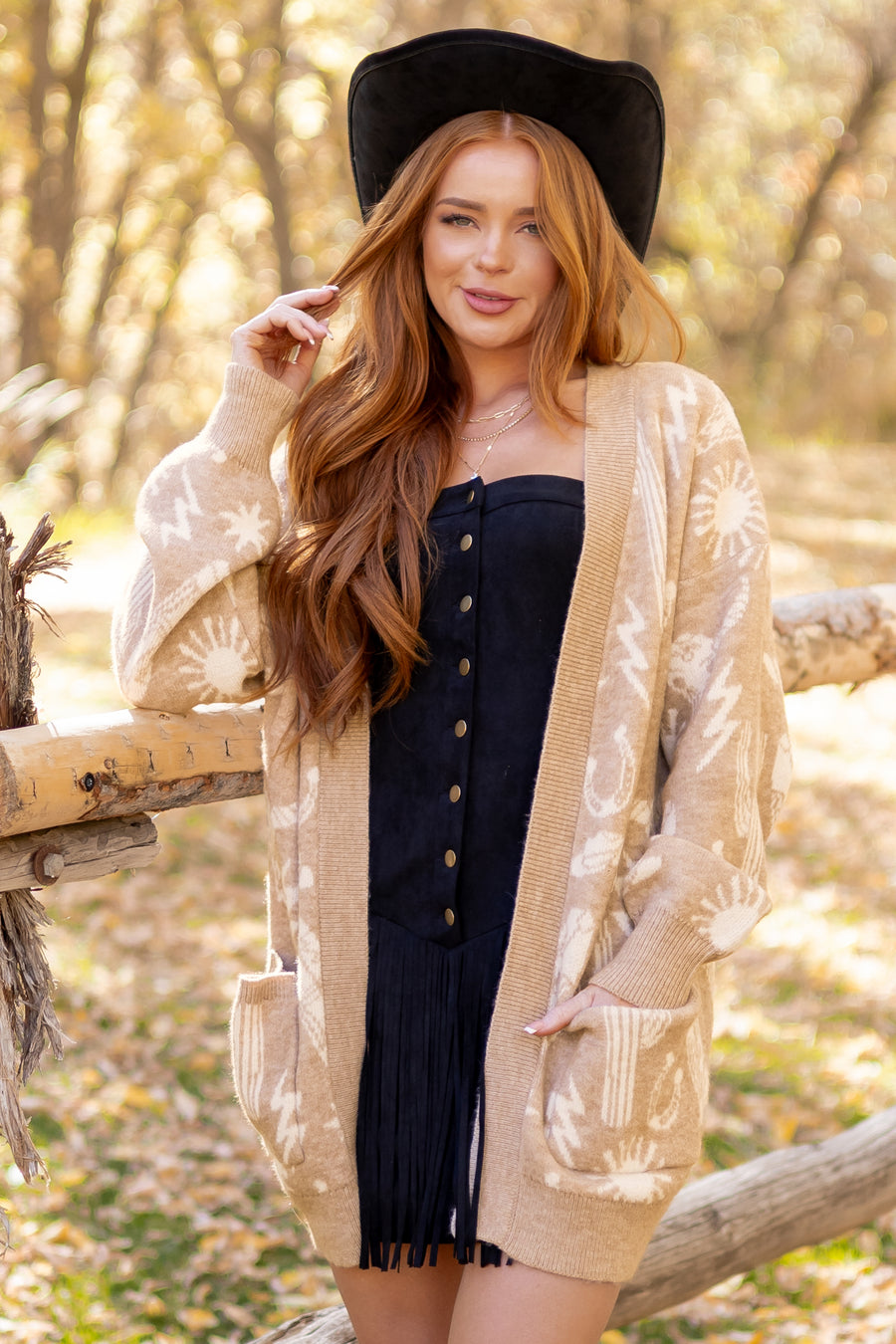 Beige Western Print Open Front Ribbed Trim Cardigan