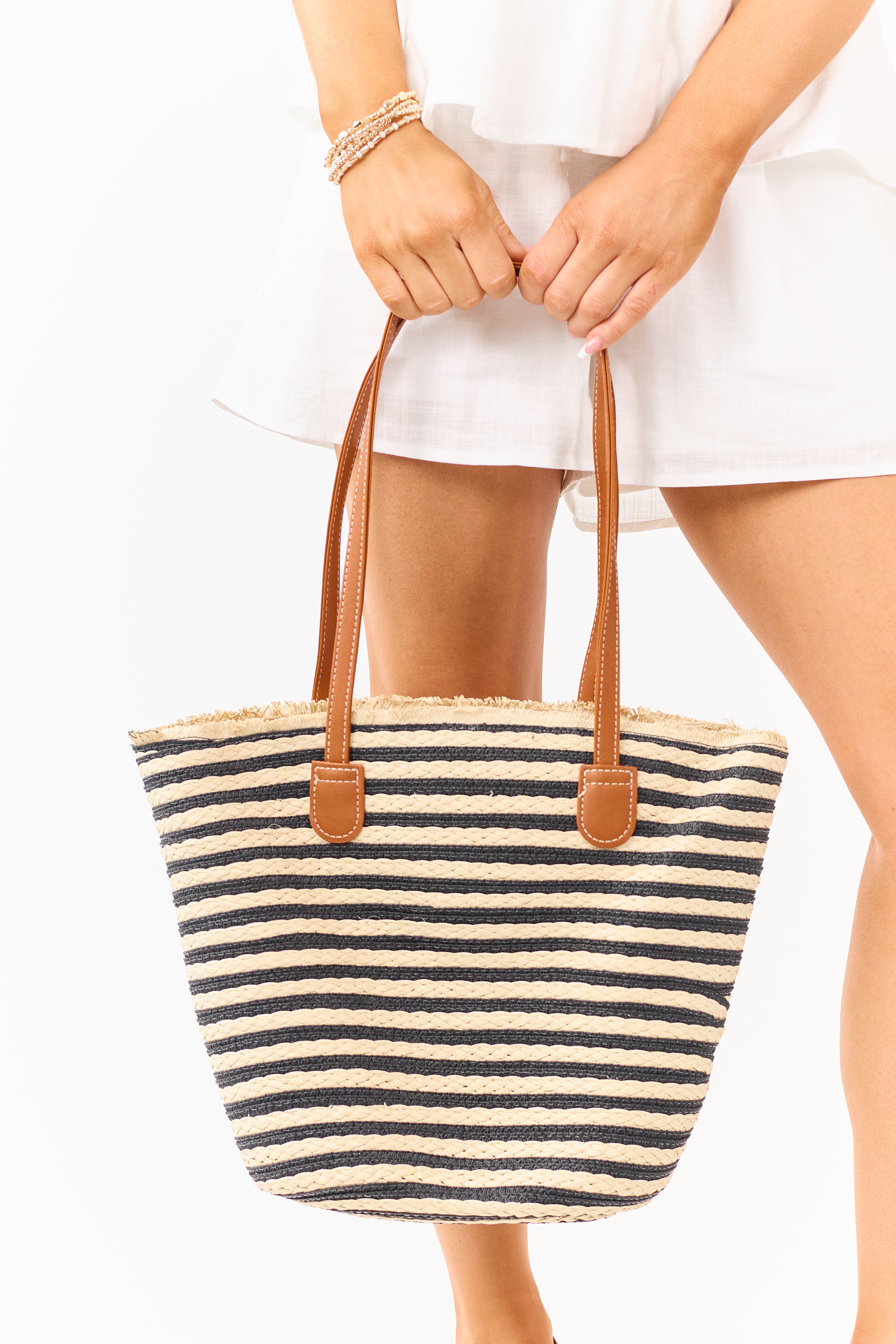 Beige and Black Striped Straw Zip Up Tote Bag