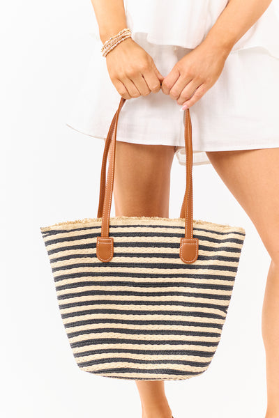 Beige and Black Striped Straw Zip Up Tote Bag