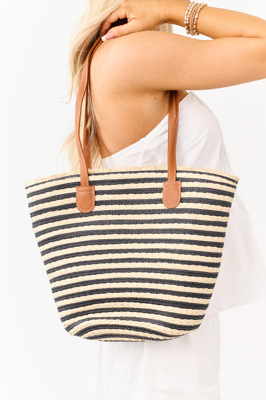 Beige and Black Striped Straw Zip Up Tote Bag