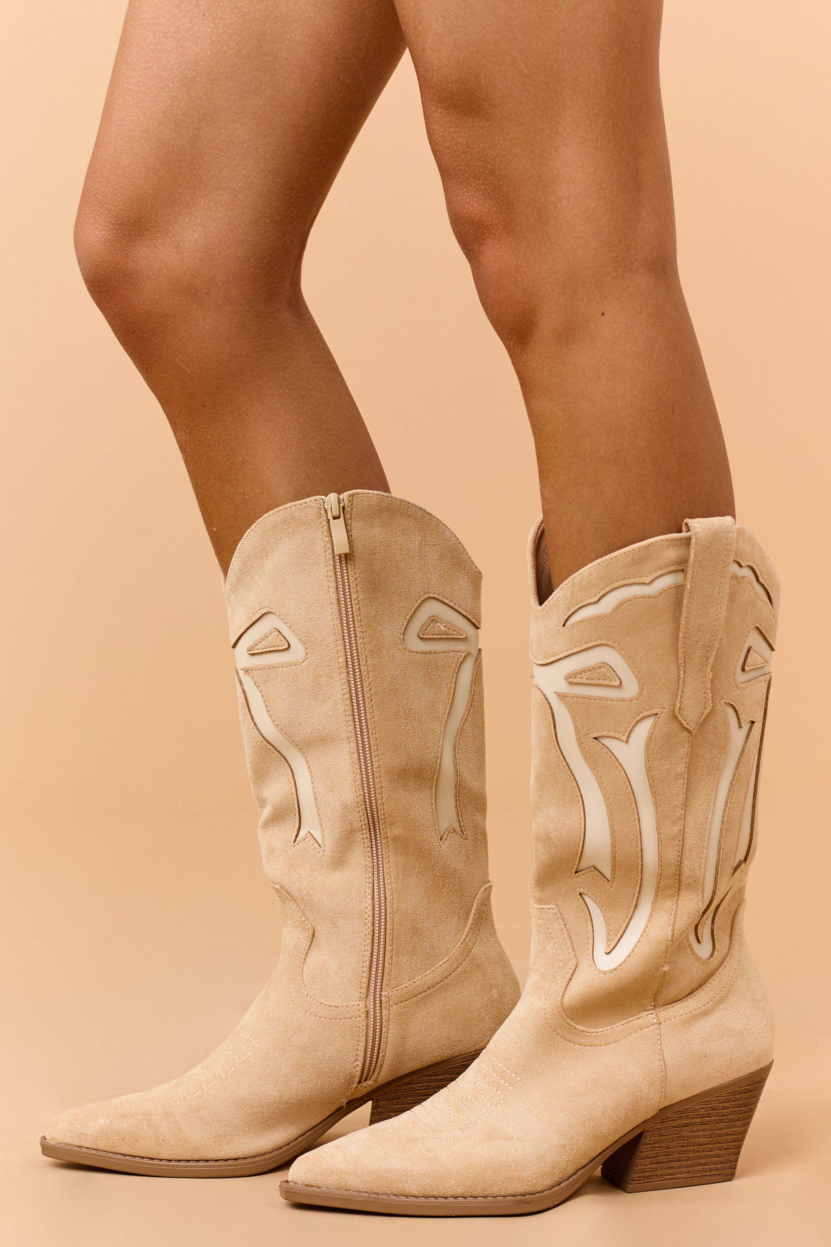 Beige and Cream Faux Suede Western Style Boots