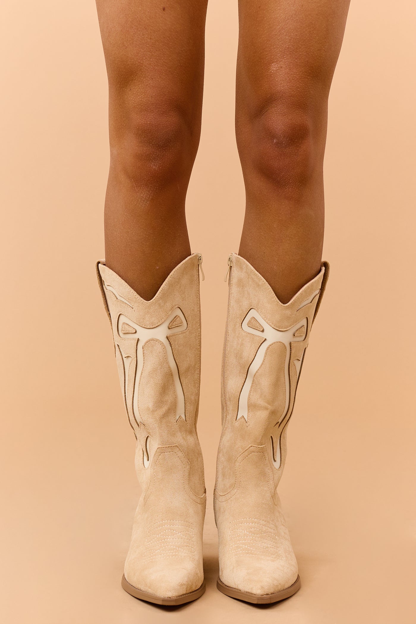 Beige and Cream Faux Suede Western Style Boots