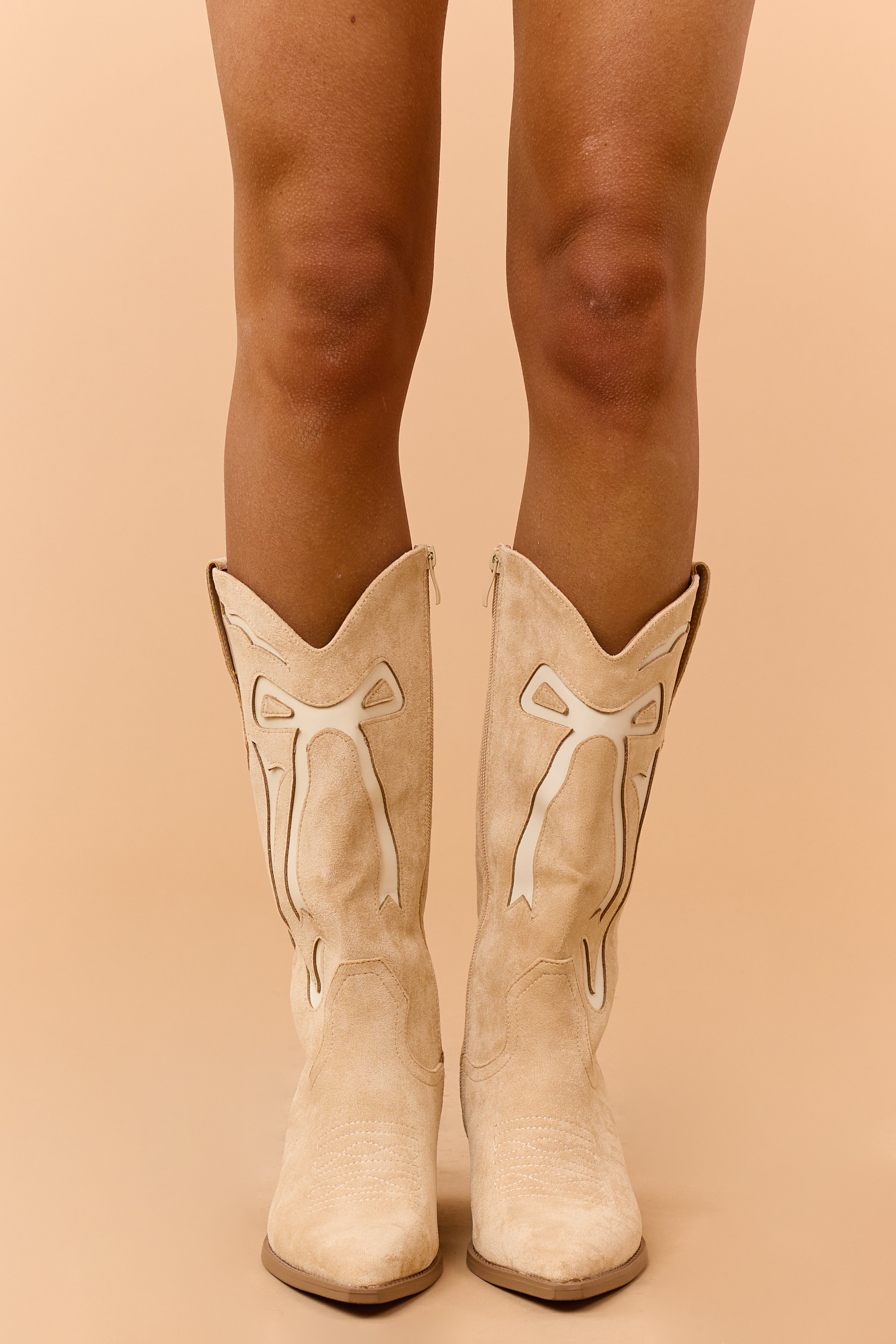 Beige and Cream Faux Suede Western Style Boots