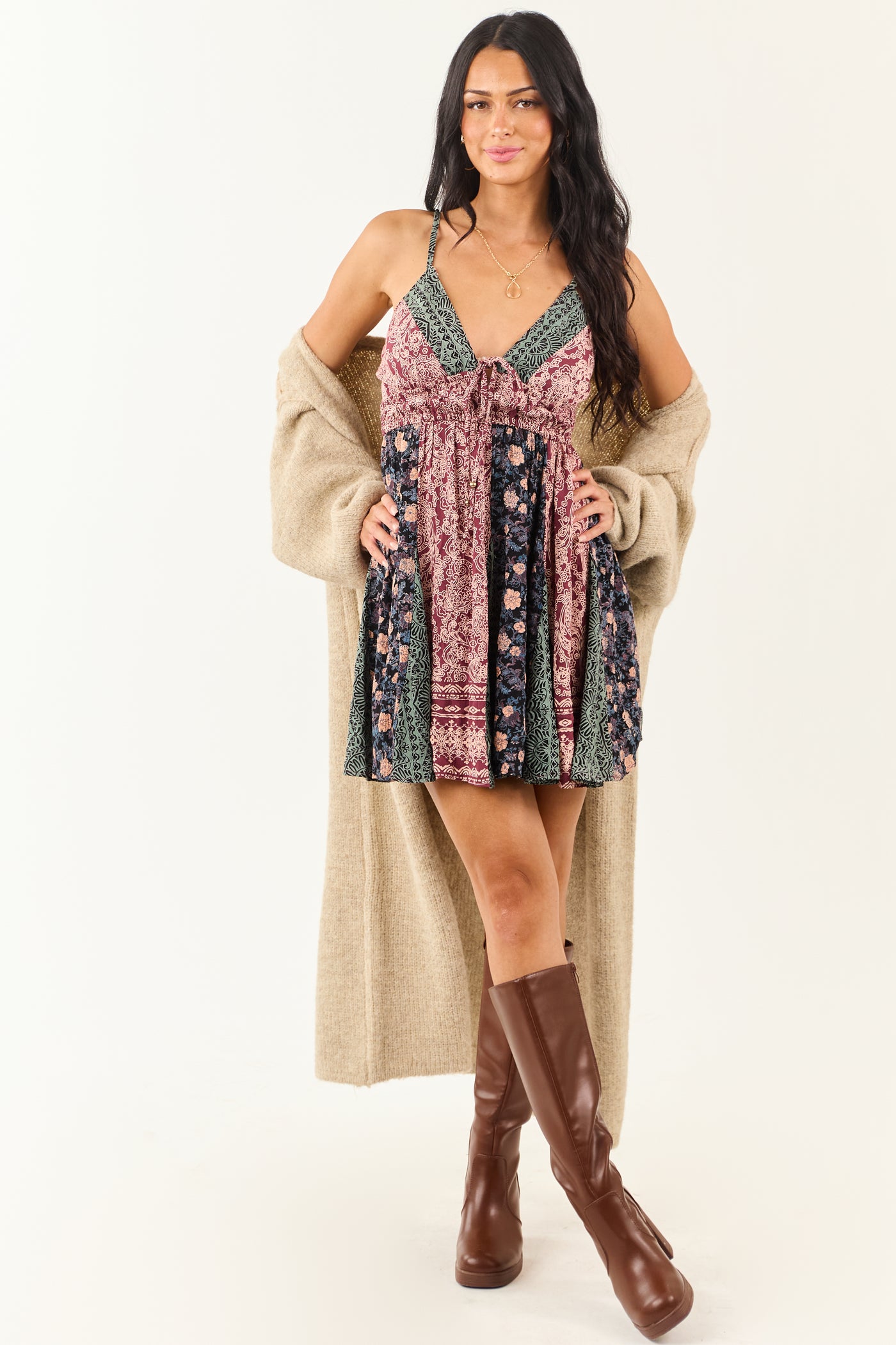 Berry Abstract Multi Print Sleeveless Mini Dress