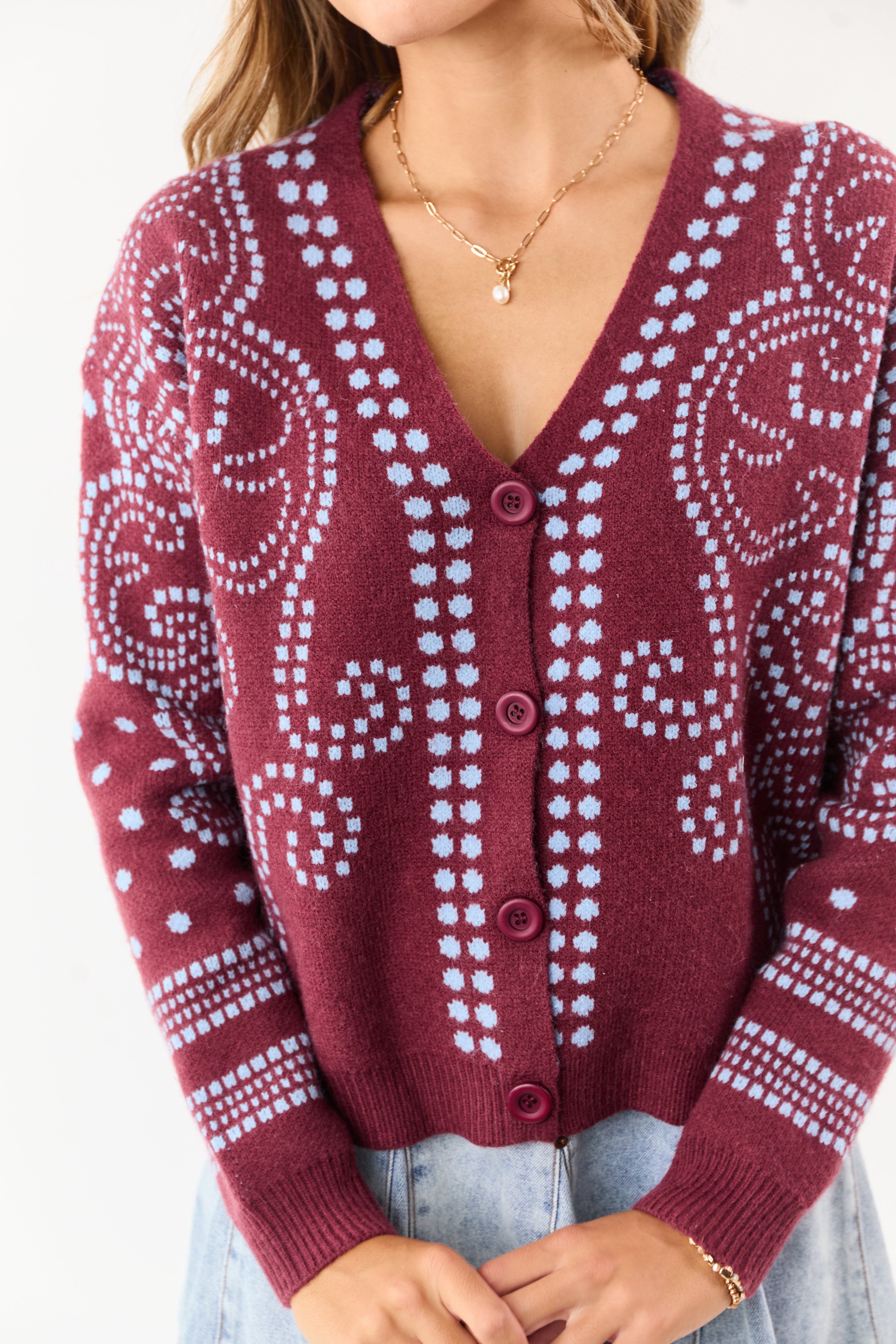 Berry Dot Art Damask Button Down Sweater Cardigan