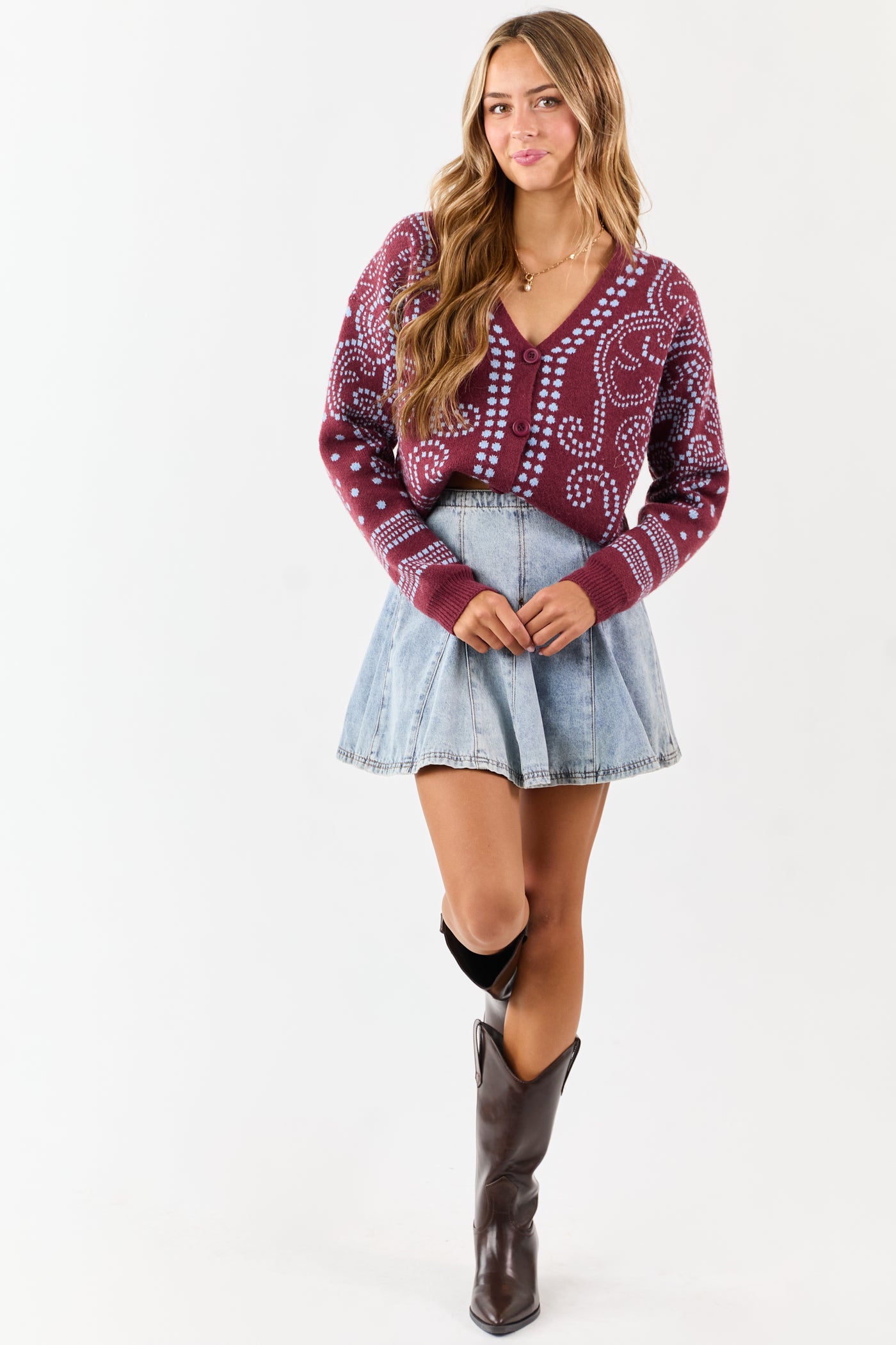 Berry Dot Art Damask Button Down Sweater Cardigan