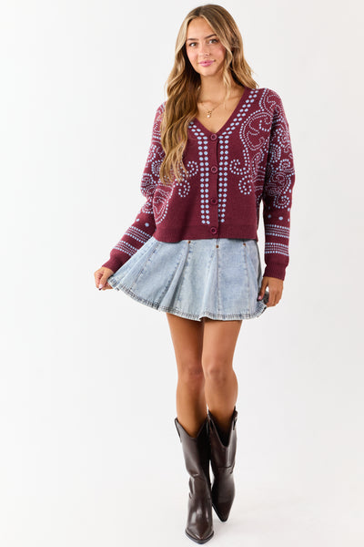 Berry Dot Art Damask Button Down Sweater Cardigan