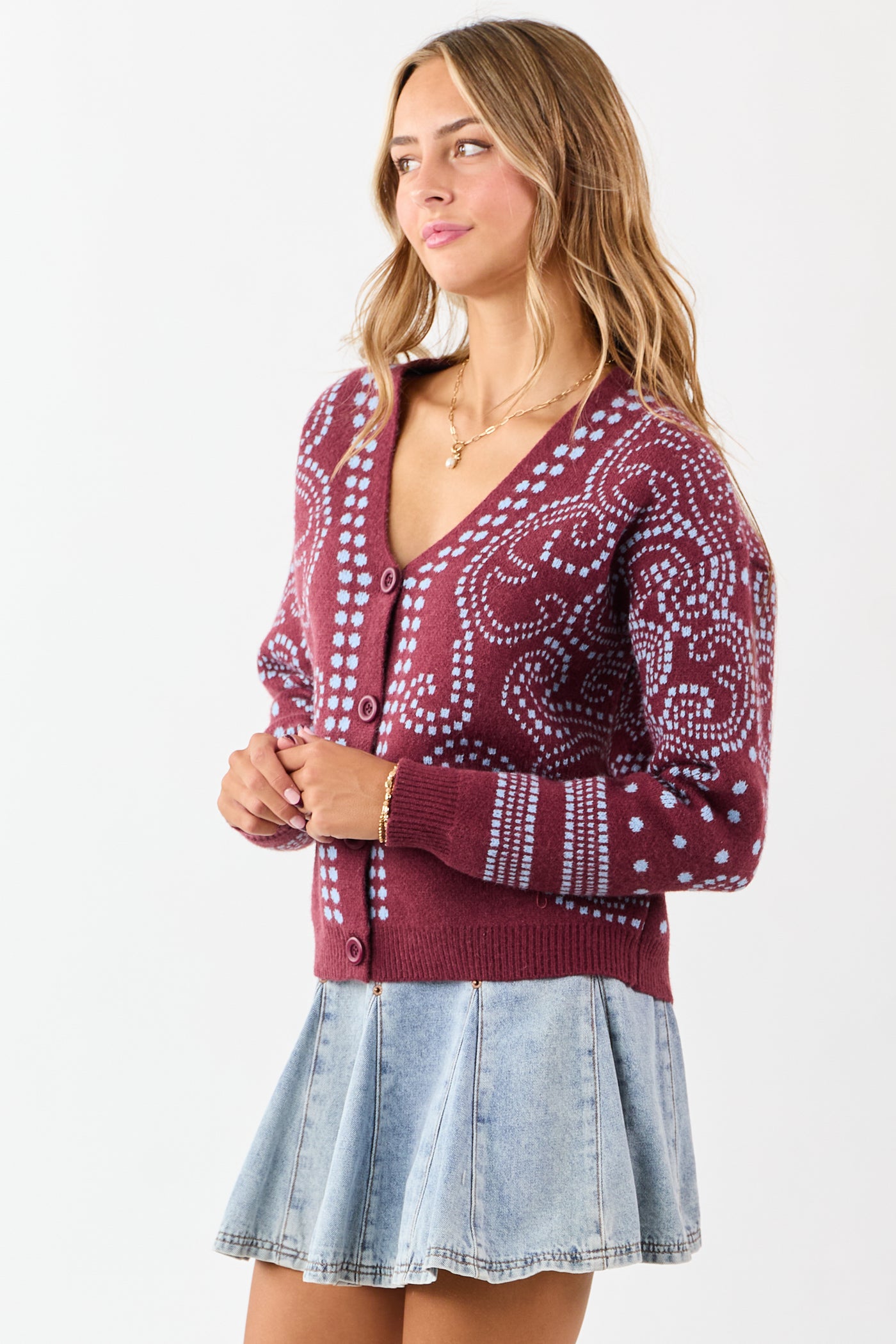 Berry Dot Art Damask Button Down Sweater Cardigan
