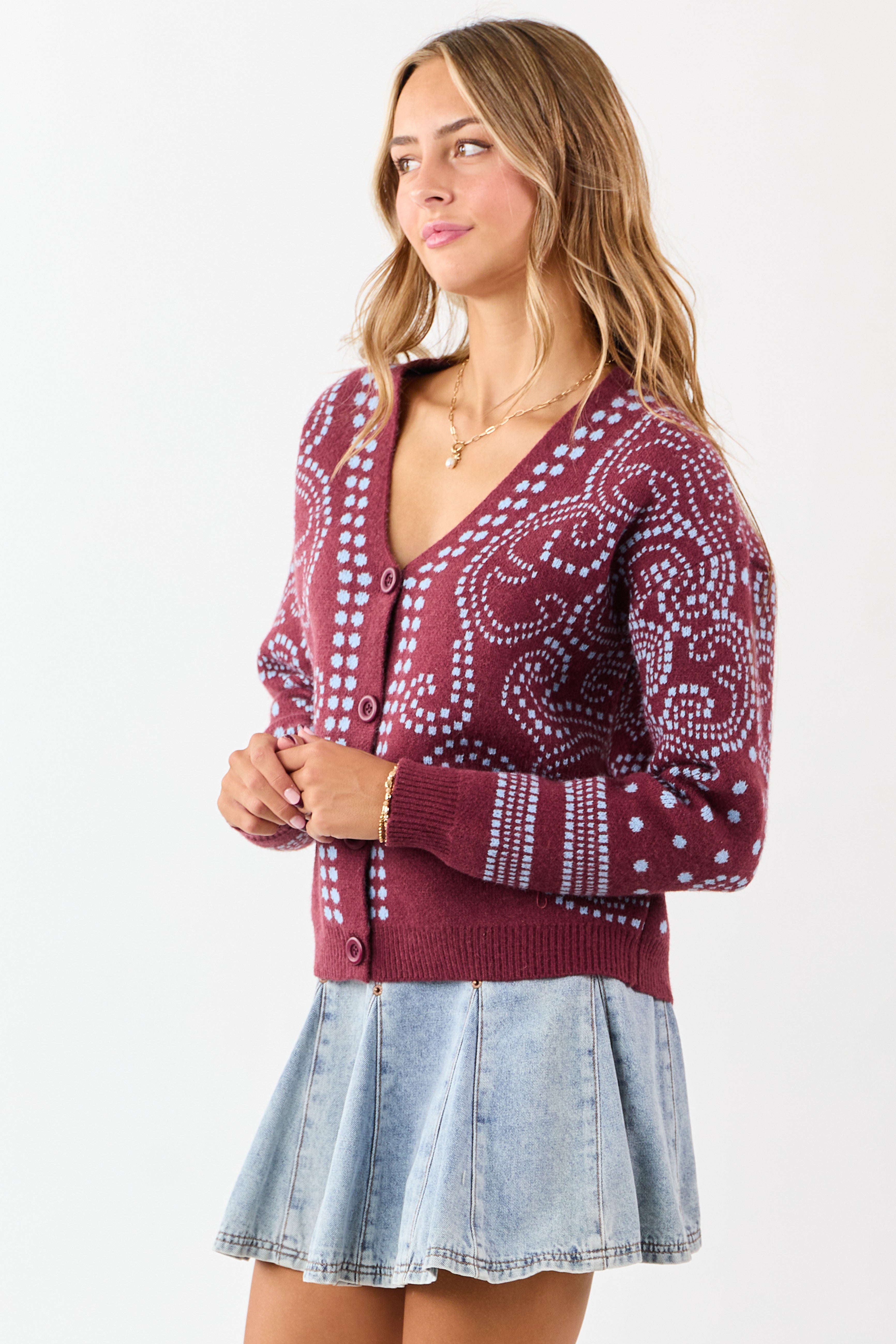 Berry Dot Art Damask Button Down Sweater Cardigan