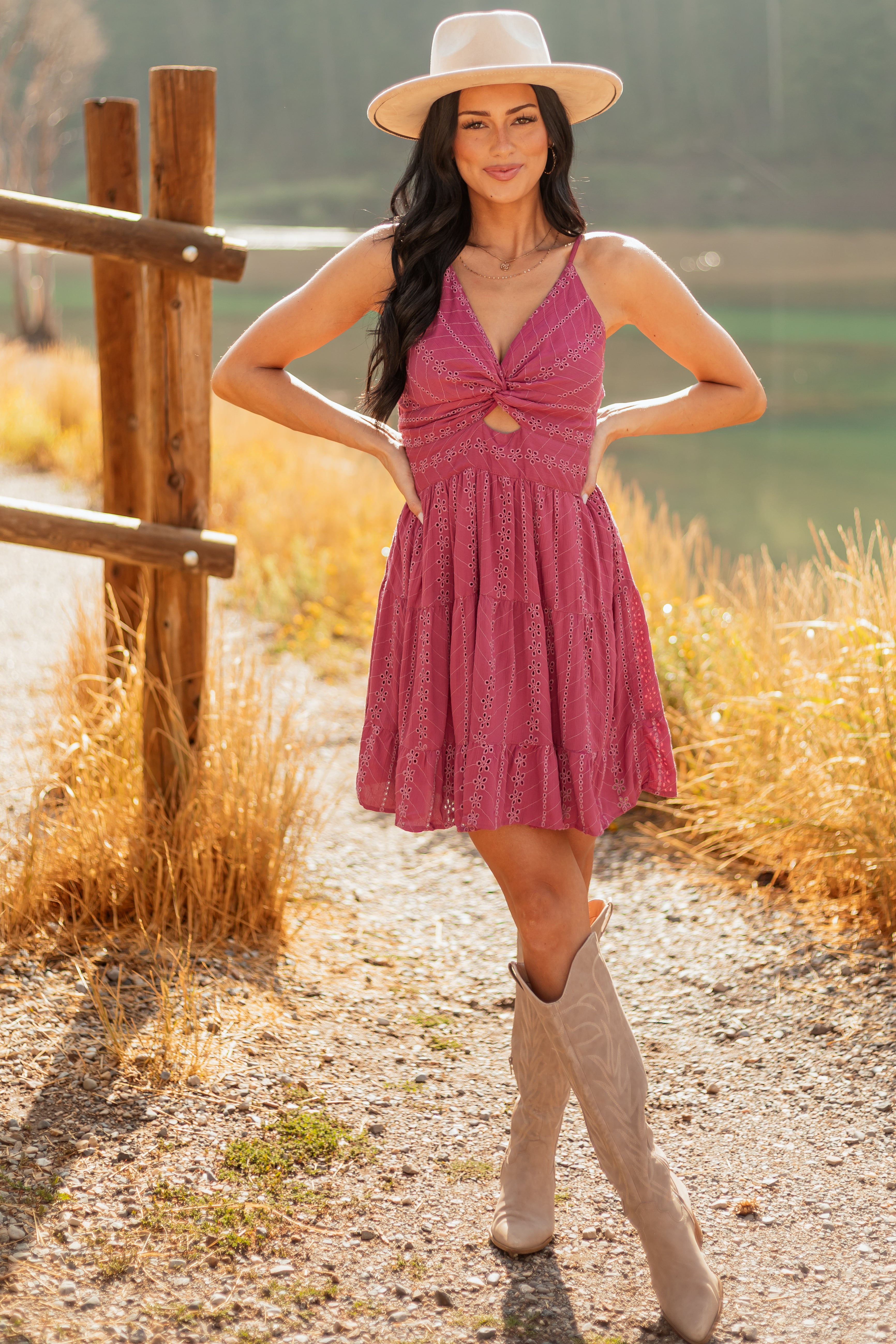 Berry Eyelet Twist Bust Tiered Mini Dress