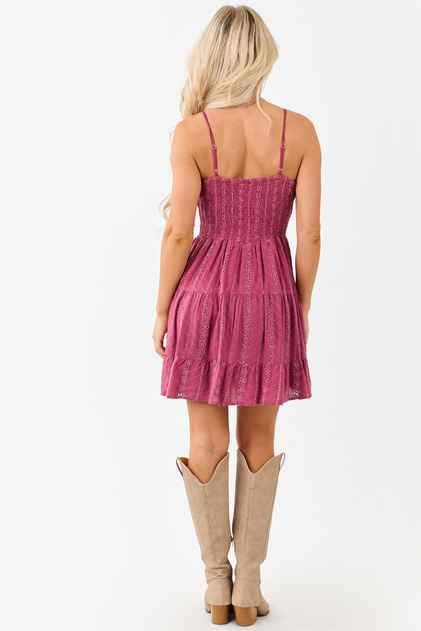 Berry Eyelet Twist Bust Tiered Mini Dress