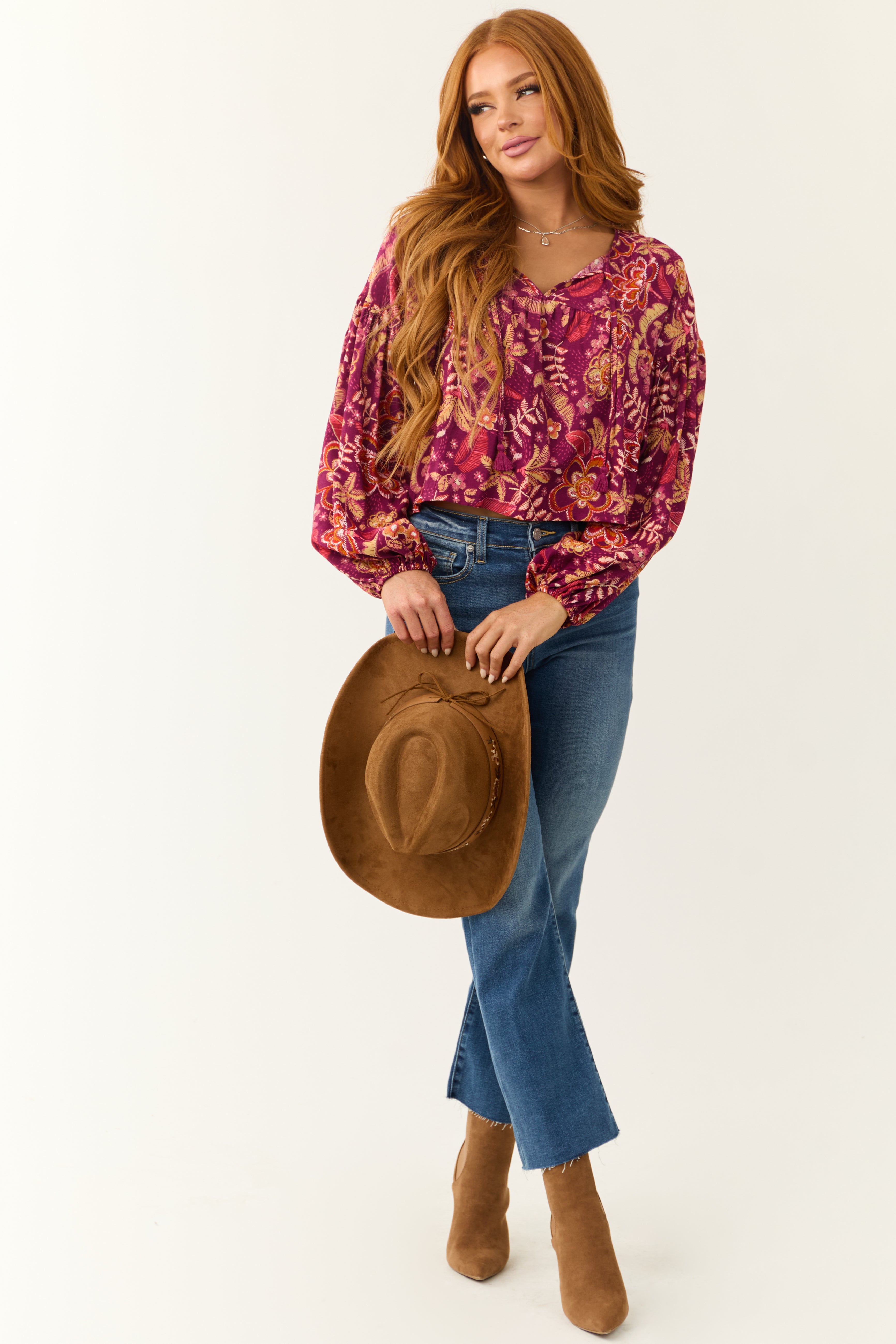 Berry Floral Print Long Sleeve Front Tie Top
