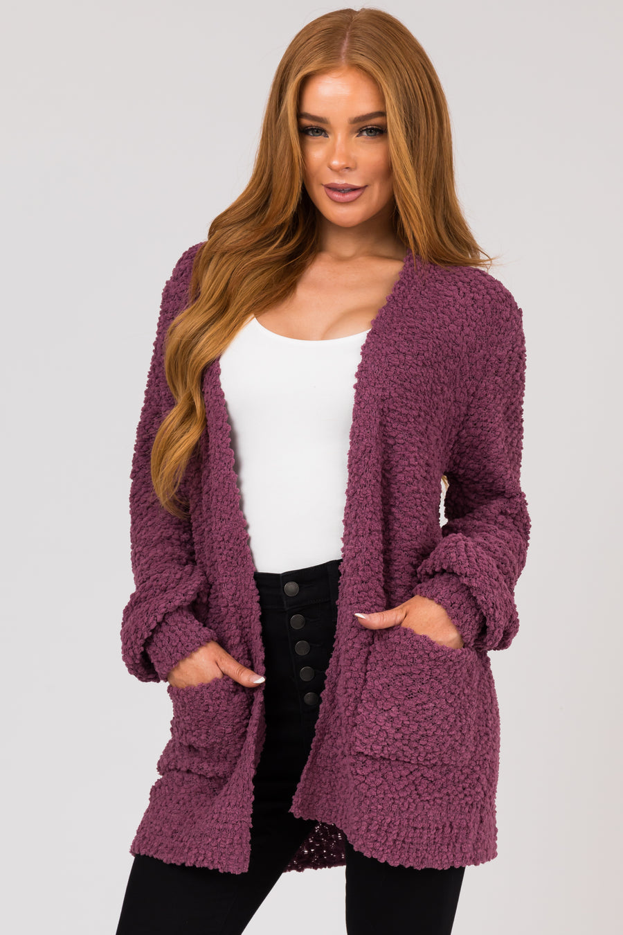Berry Popcorn Knit Open Front Cardigan